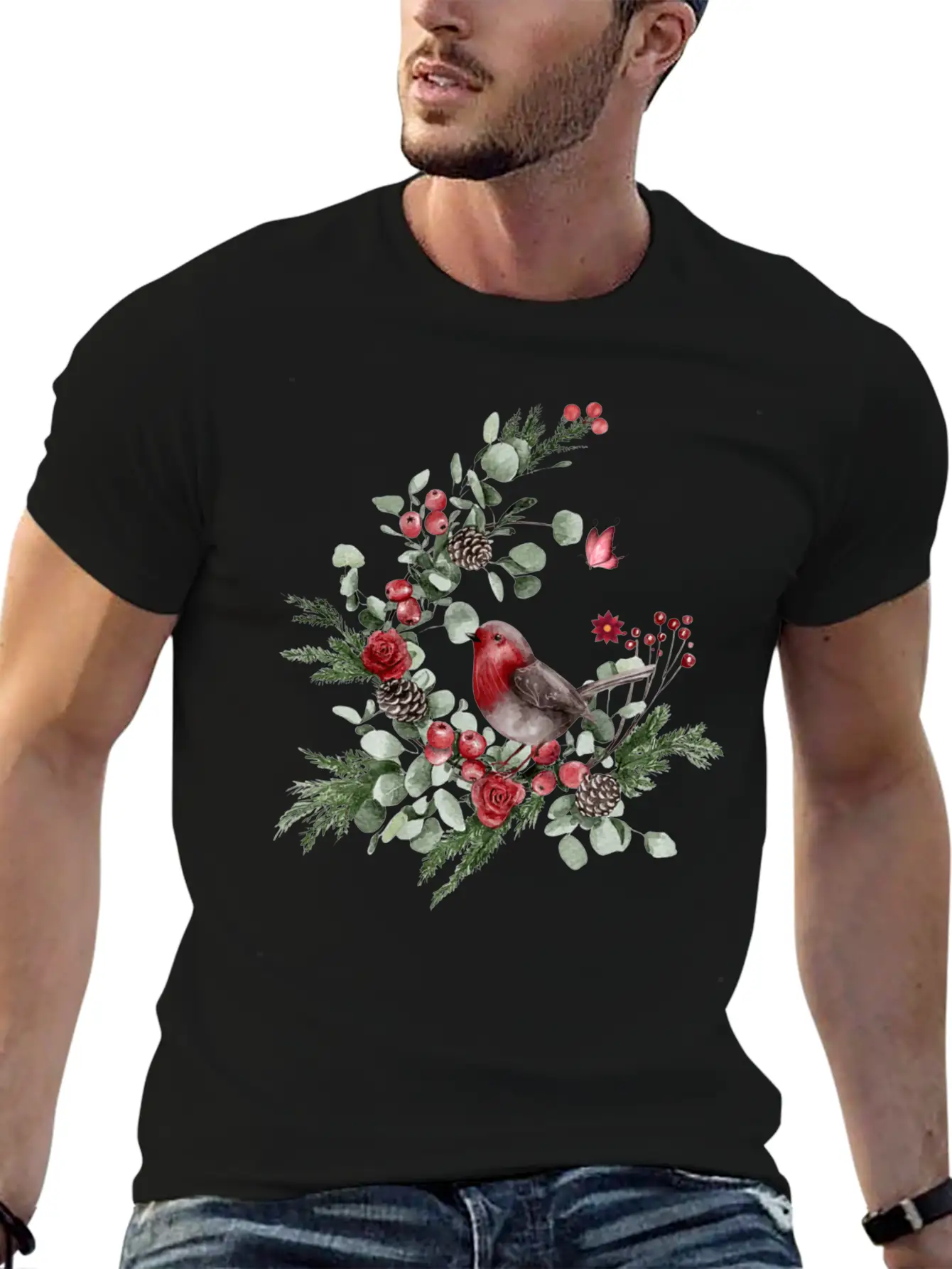 Cute Bird Perched On A Pine Branch Stylish Everyday T-Shirt – Unisex Basic Cotton Tee