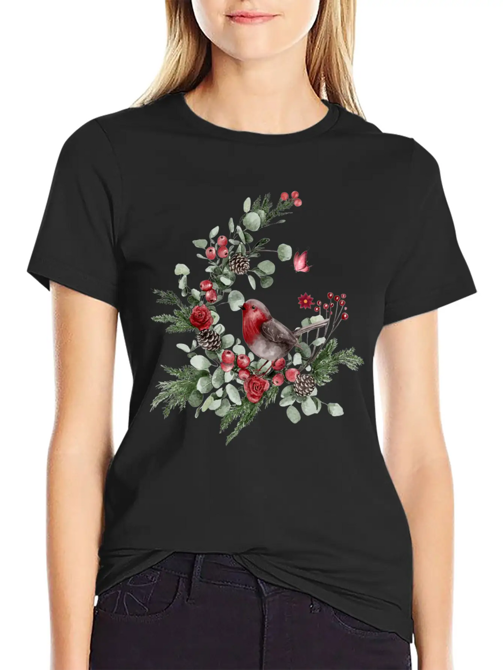 Cute Bird Perched On A Pine Branch Stylish Everyday T-Shirt – Unisex Basic Cotton Tee