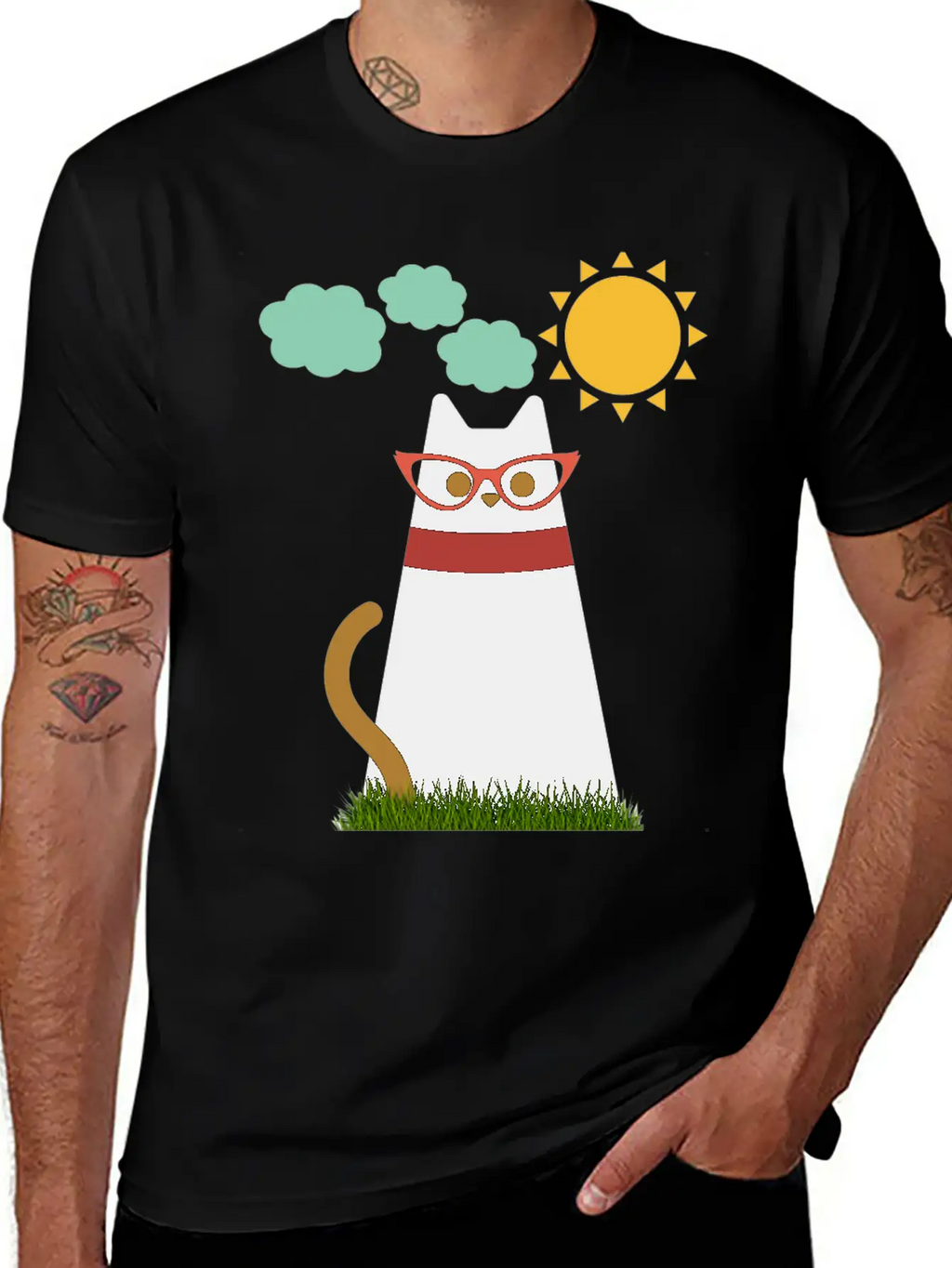 Cute Cat In The Garden . Sunrise , Tree , Grass. Essential Cotton Tee For Daily Outfits – Unisex Style
