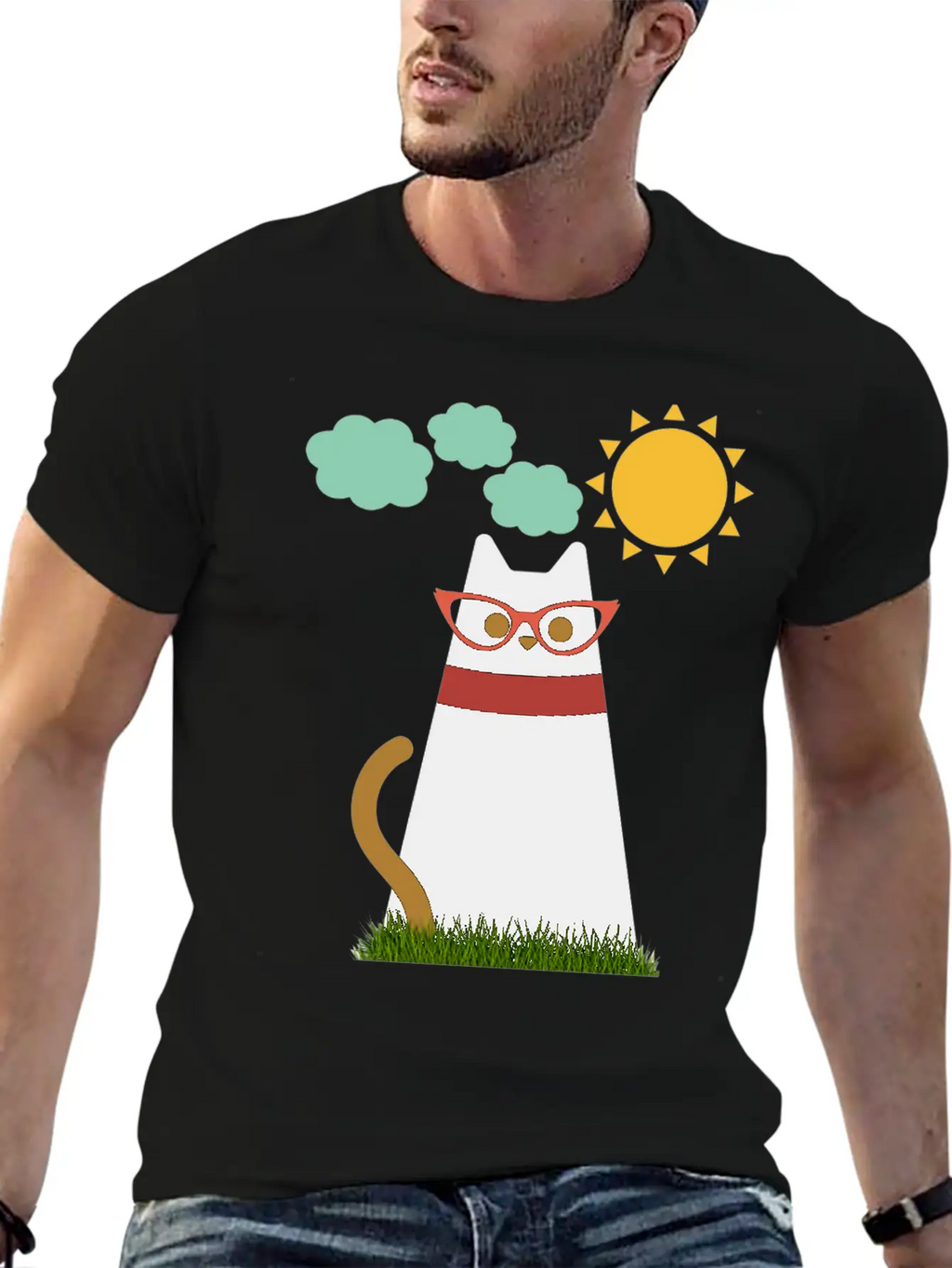 Cute Cat In The Garden . Sunrise , Tree , Grass. Essential Cotton Tee For Daily Outfits – Unisex Style