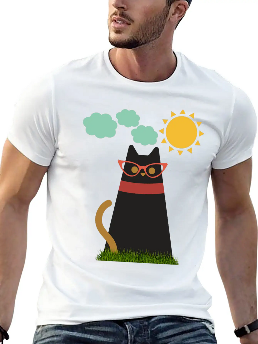 Cute Cat In The Garden . Sunrise , Tree , Grass. Essential Cotton Tee For Daily Outfits – Unisex Style