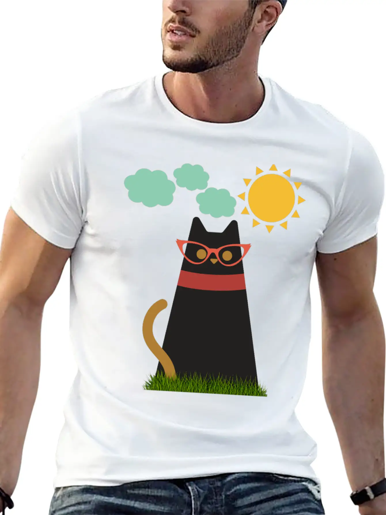 Cute Cat In The Garden . Sunrise , Tree , Grass. Essential Cotton Tee For Daily Outfits – Unisex Style