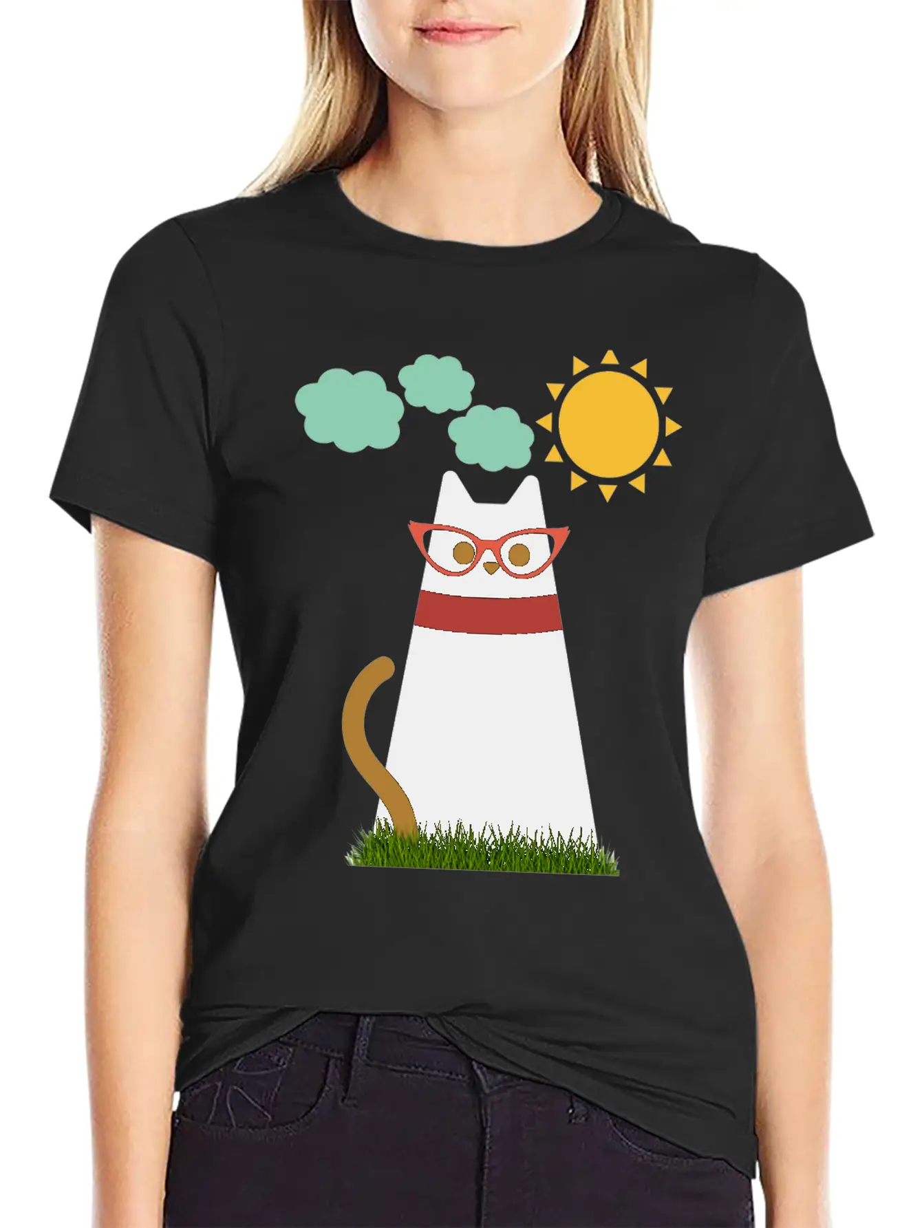 Cute Cat In The Garden . Sunrise , Tree , Grass. Essential Cotton Tee For Daily Outfits – Unisex Style