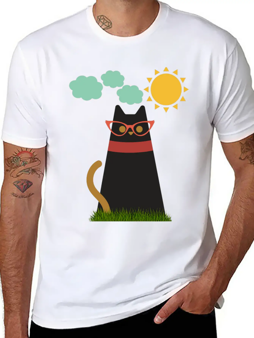 Cute Cat In The Garden . Sunrise , Tree , Grass. Essential Cotton Tee For Daily Outfits – Unisex Style