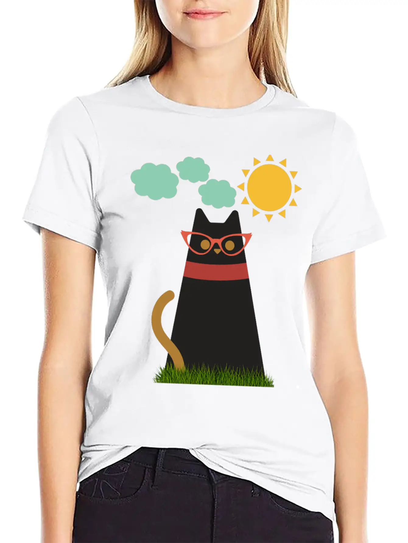 Cute Cat In The Garden . Sunrise , Tree , Grass. Essential Cotton Tee For Daily Outfits – Unisex Style