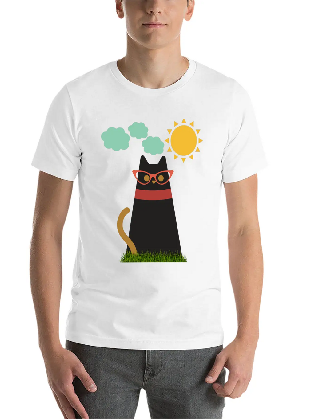 Cute Cat In The Garden . Sunrise , Tree , Grass. Essential Cotton Tee For Daily Outfits – Unisex Style