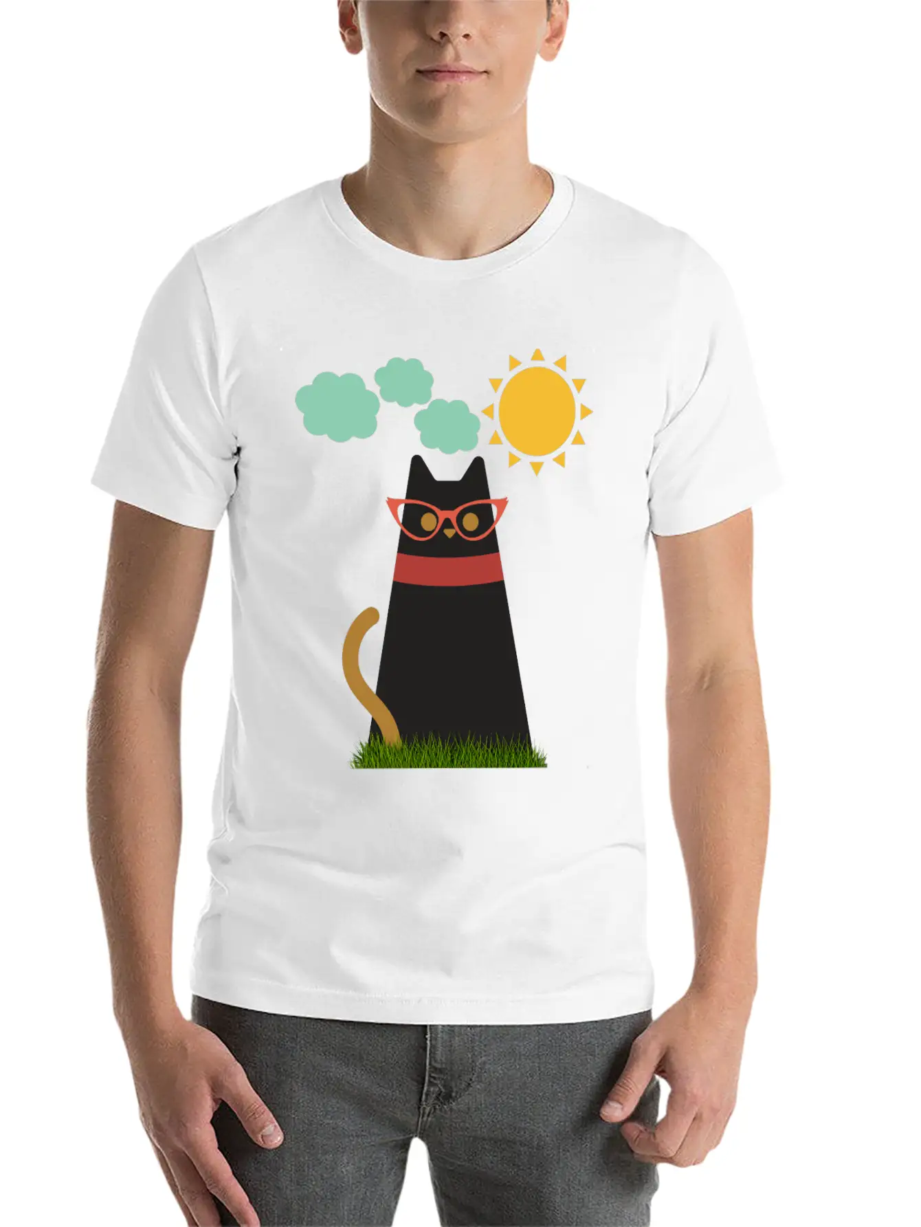 Cute Cat In The Garden . Sunrise , Tree , Grass. Essential Cotton Tee For Daily Outfits – Unisex Style