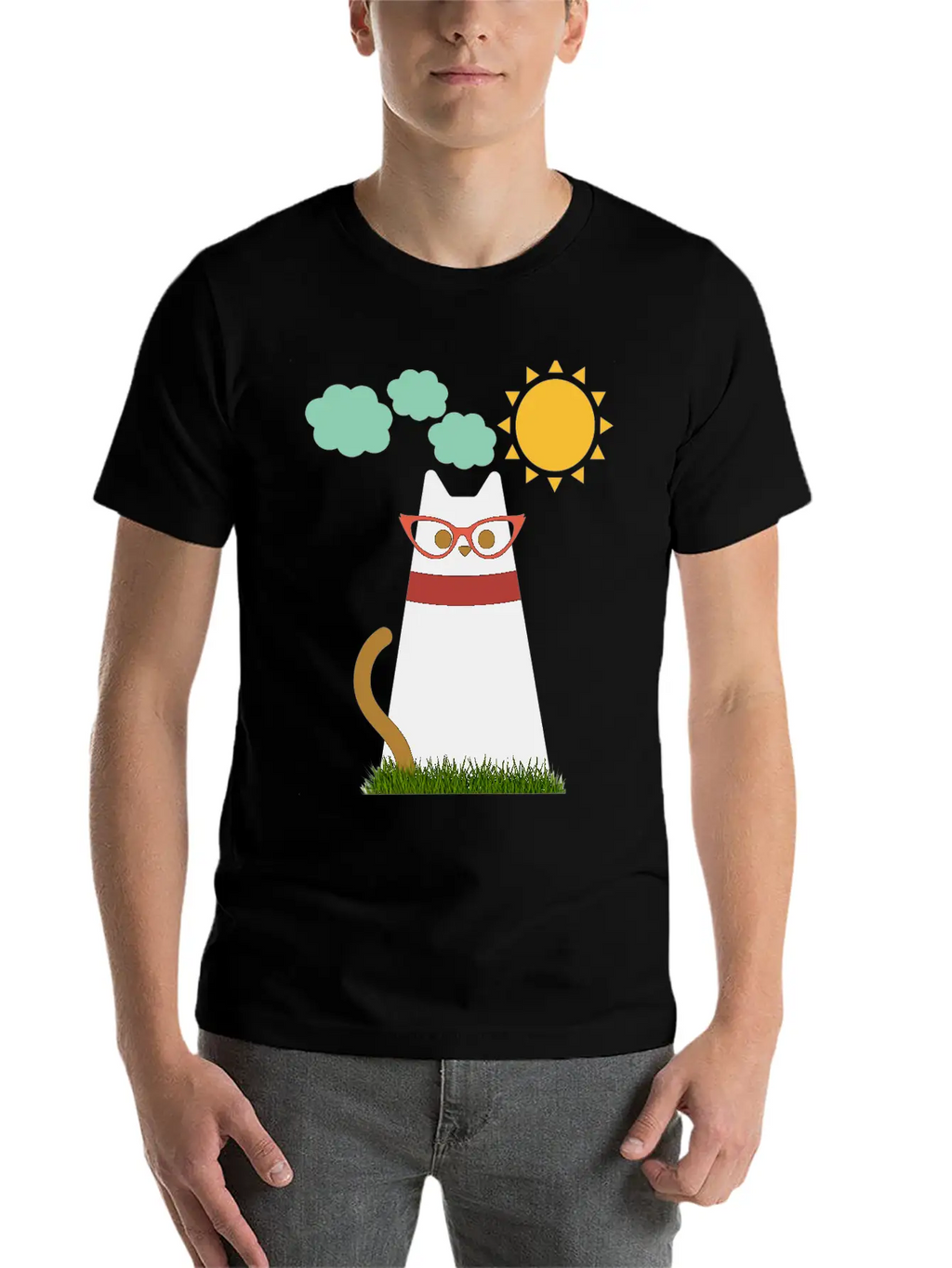 Cute Cat In The Garden . Sunrise , Tree , Grass. Essential Cotton Tee For Daily Outfits – Unisex Style