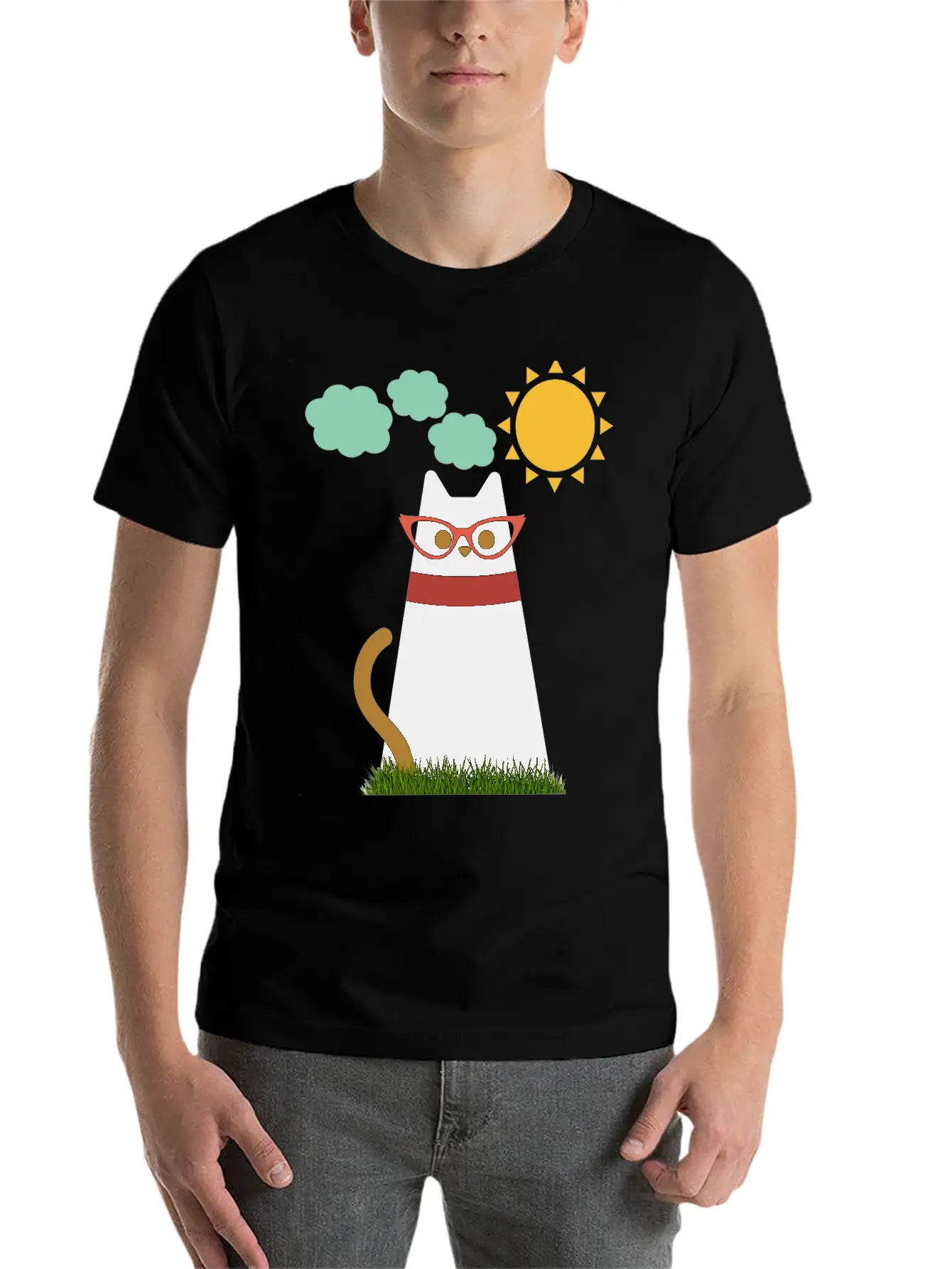 Cute Cat In The Garden . Sunrise , Tree , Grass. Essential Cotton Tee For Daily Outfits – Unisex Style