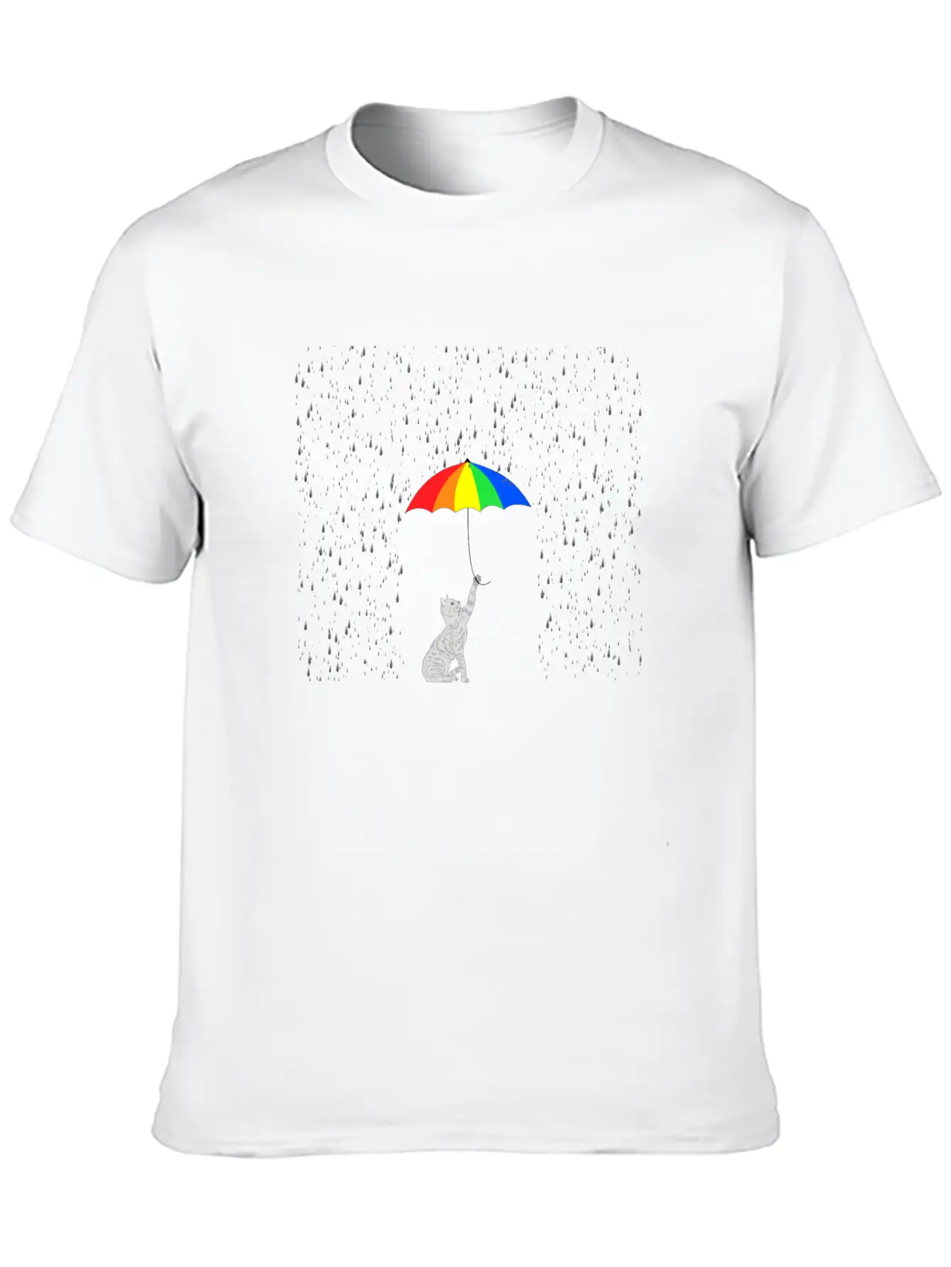 Cute Cat In The Rain With Colorful Umbrella Breathable Soft Cotton T-Shirt – Timeless Casual Look