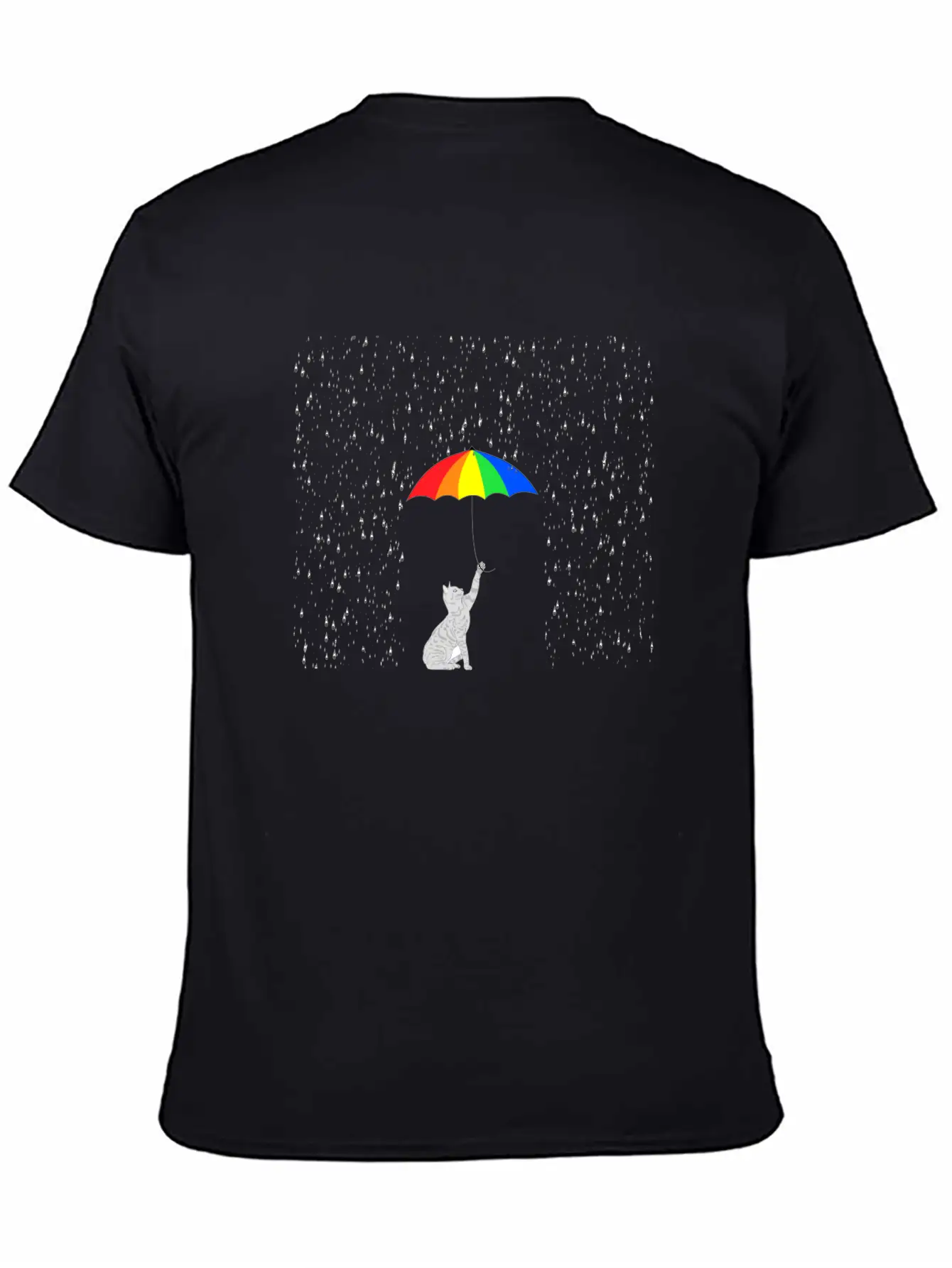Cute Cat In The Rain With Colorful Umbrella Breathable Soft Cotton T-Shirt – Timeless Casual Look