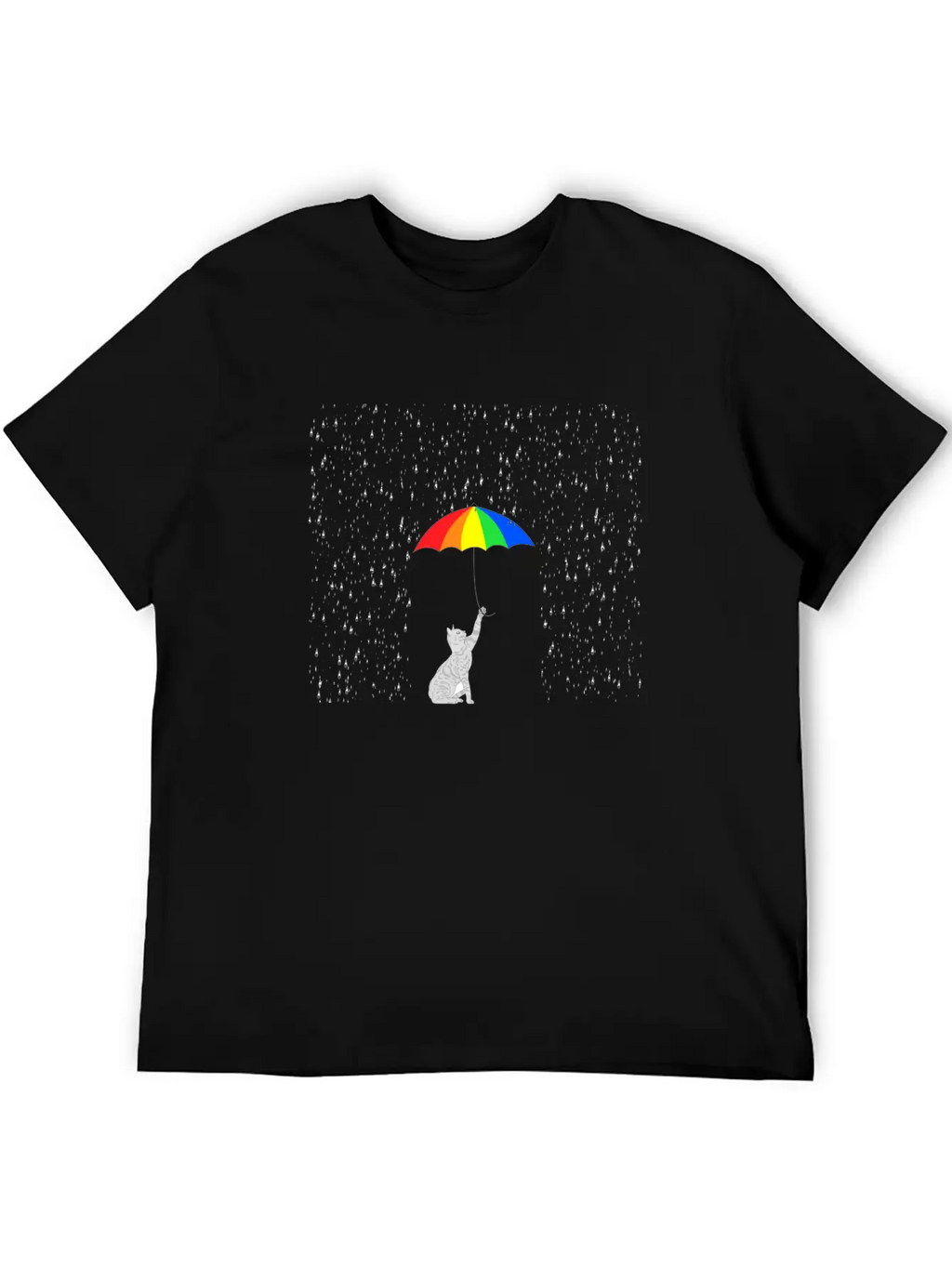 Cute Cat In The Rain With Colorful Umbrella Breathable Soft Cotton T-Shirt – Timeless Casual Look