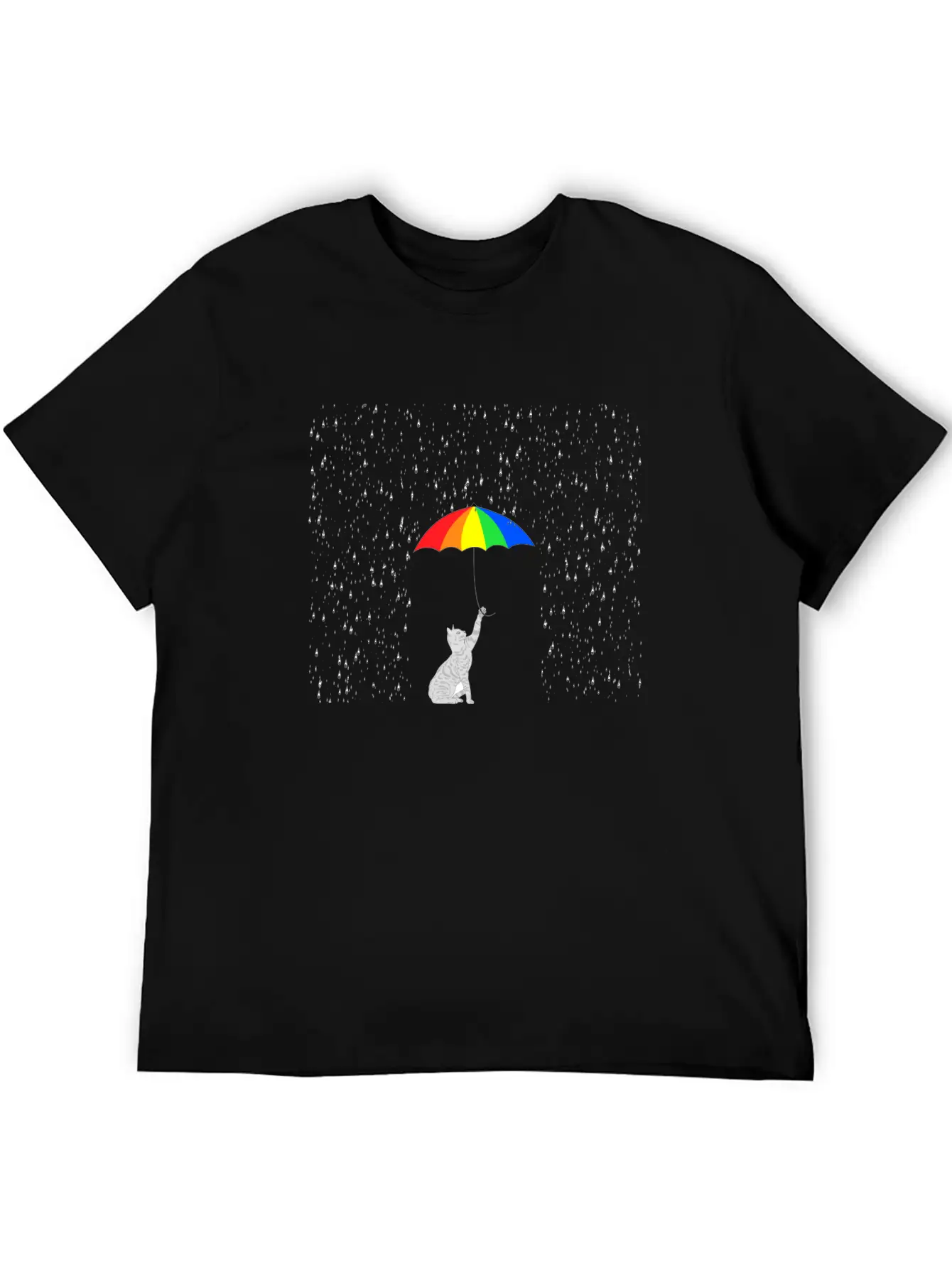 Cute Cat In The Rain With Colorful Umbrella Breathable Soft Cotton T-Shirt – Timeless Casual Look