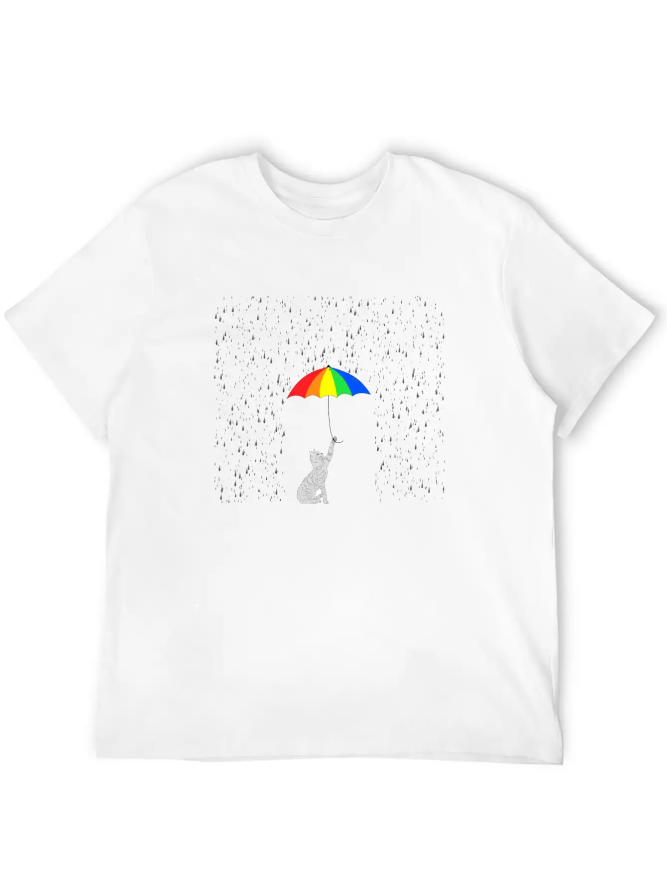 Cute Cat In The Rain With Colorful Umbrella Breathable Soft Cotton T-Shirt – Timeless Casual Look