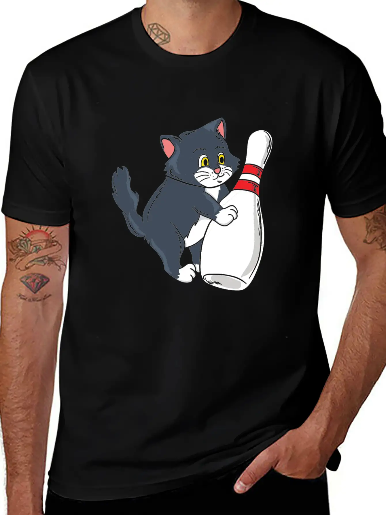 Cute Cat Tipping Bowling Pin Player Gift Idea Breathable Graphic T-Shirt – Perfect For Casual Days