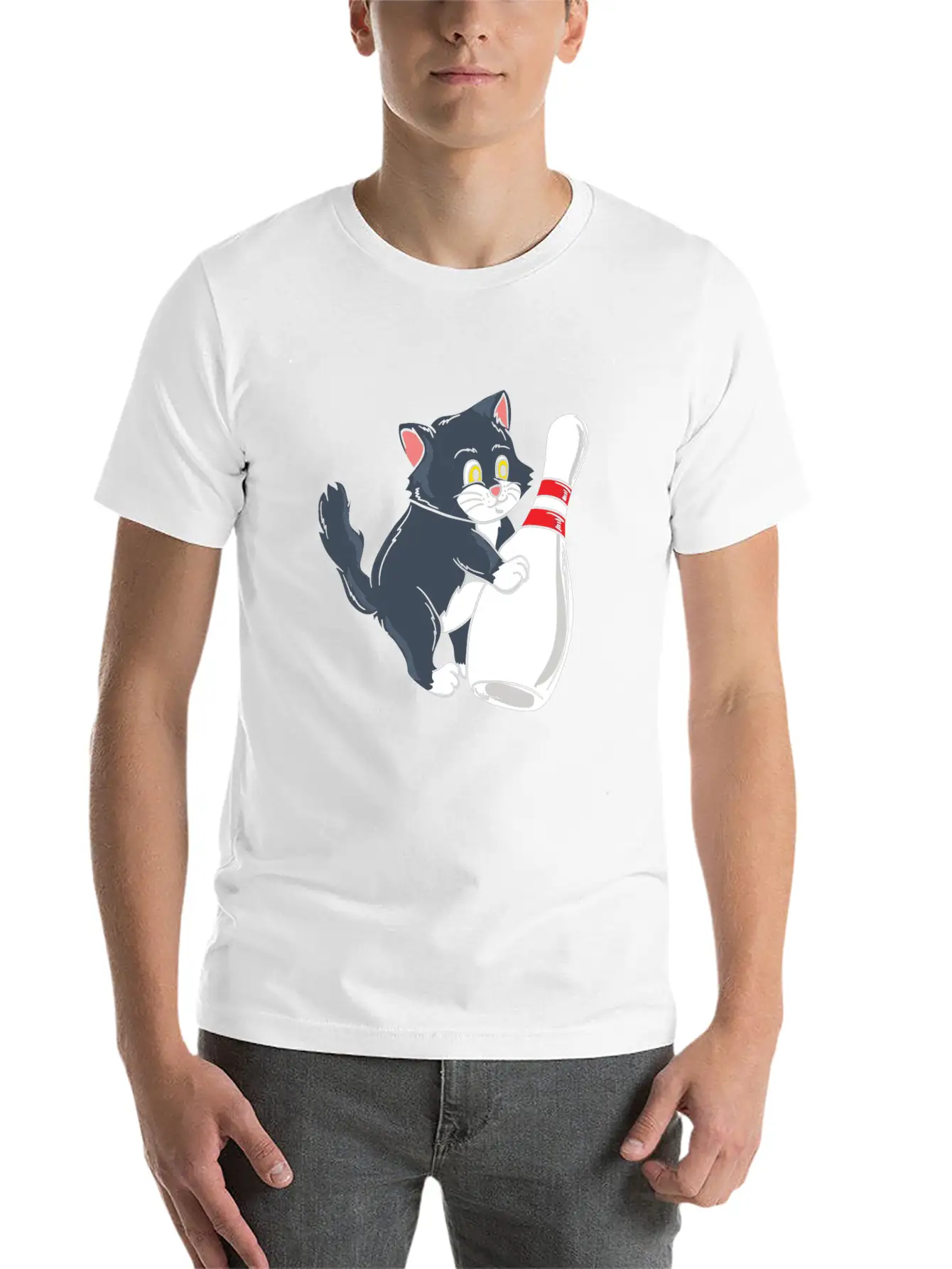 Cute Cat Tipping Bowling Pin Player Gift Idea Breathable Graphic T-Shirt – Perfect For Casual Days