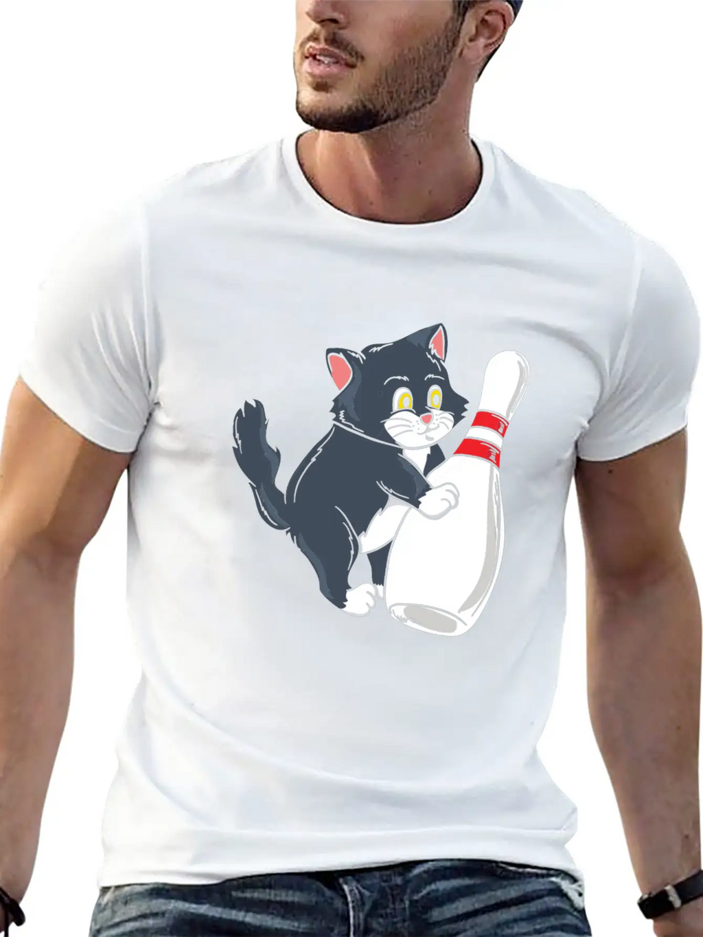 Cute Cat Tipping Bowling Pin Player Gift Idea Breathable Graphic T-Shirt – Perfect For Casual Days