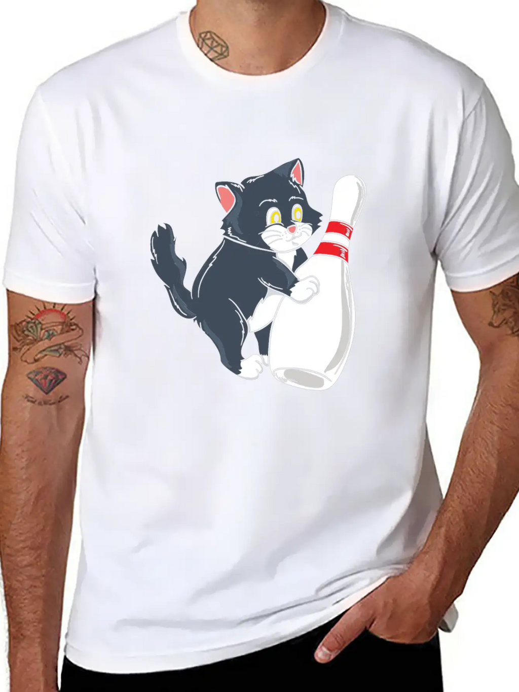 Cute Cat Tipping Bowling Pin Player Gift Idea Breathable Graphic T-Shirt – Perfect For Casual Days