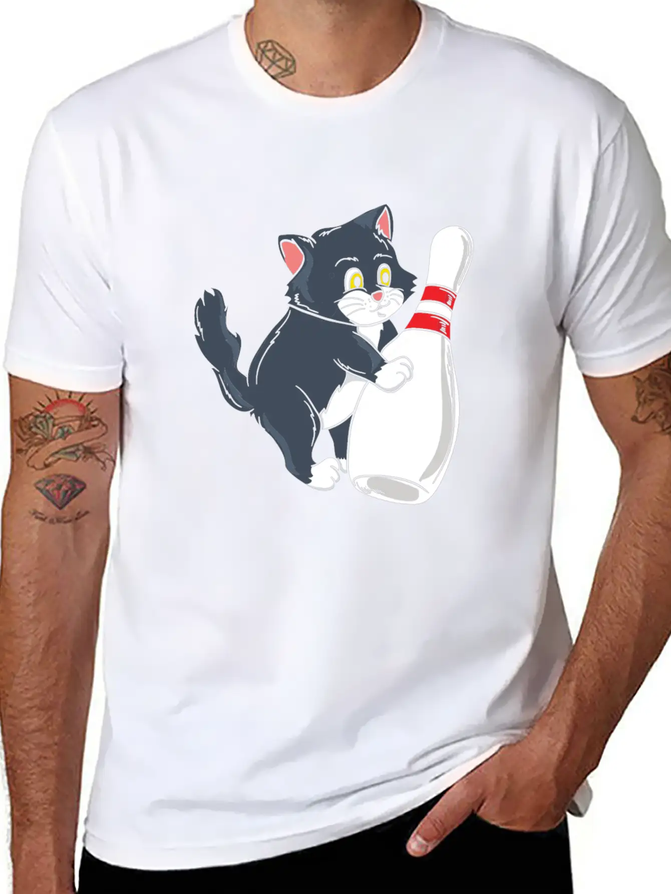 Cute Cat Tipping Bowling Pin Player Gift Idea Breathable Graphic T-Shirt – Perfect For Casual Days