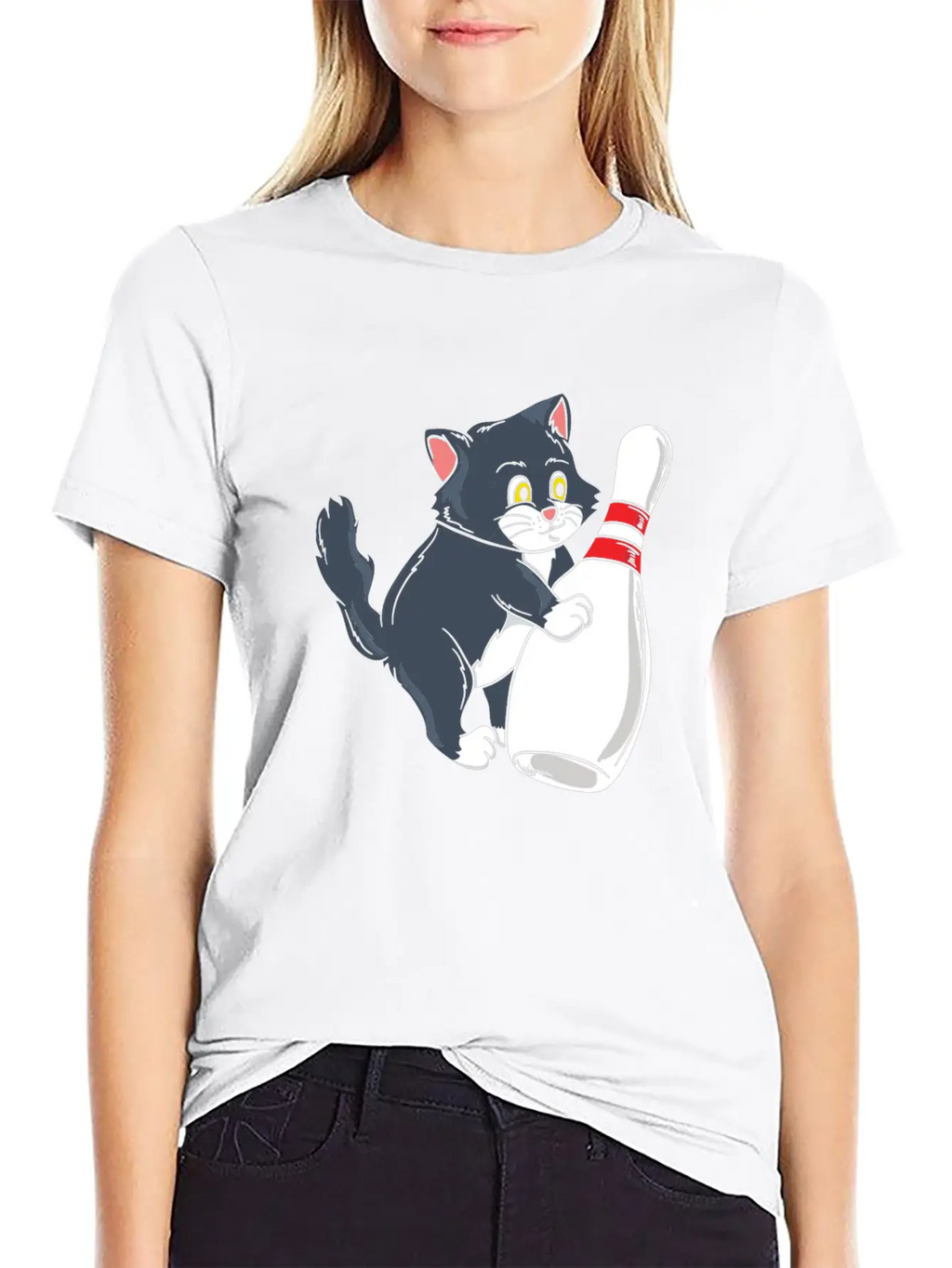 Cute Cat Tipping Bowling Pin Player Gift Idea Breathable Graphic T-Shirt – Perfect For Casual Days