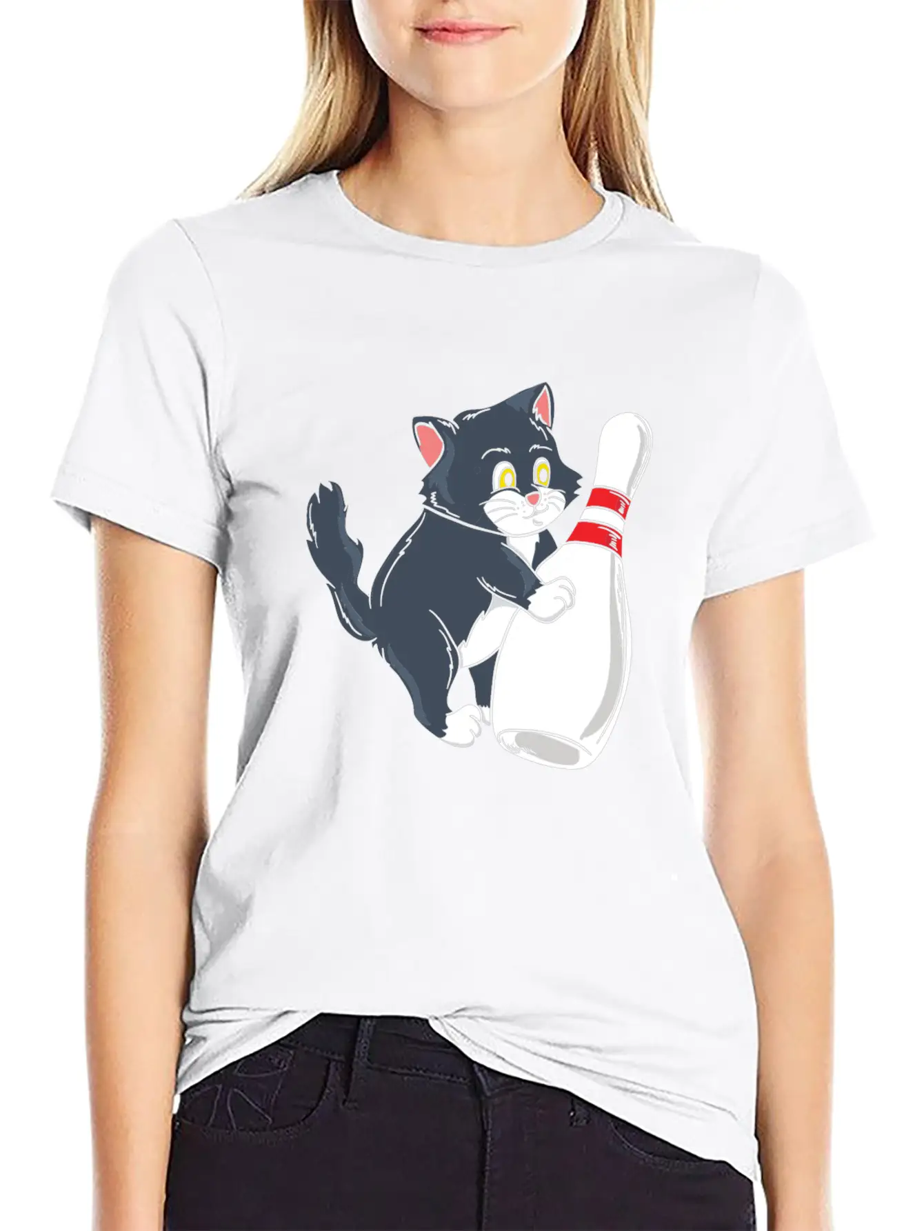 Cute Cat Tipping Bowling Pin Player Gift Idea Breathable Graphic T-Shirt – Perfect For Casual Days