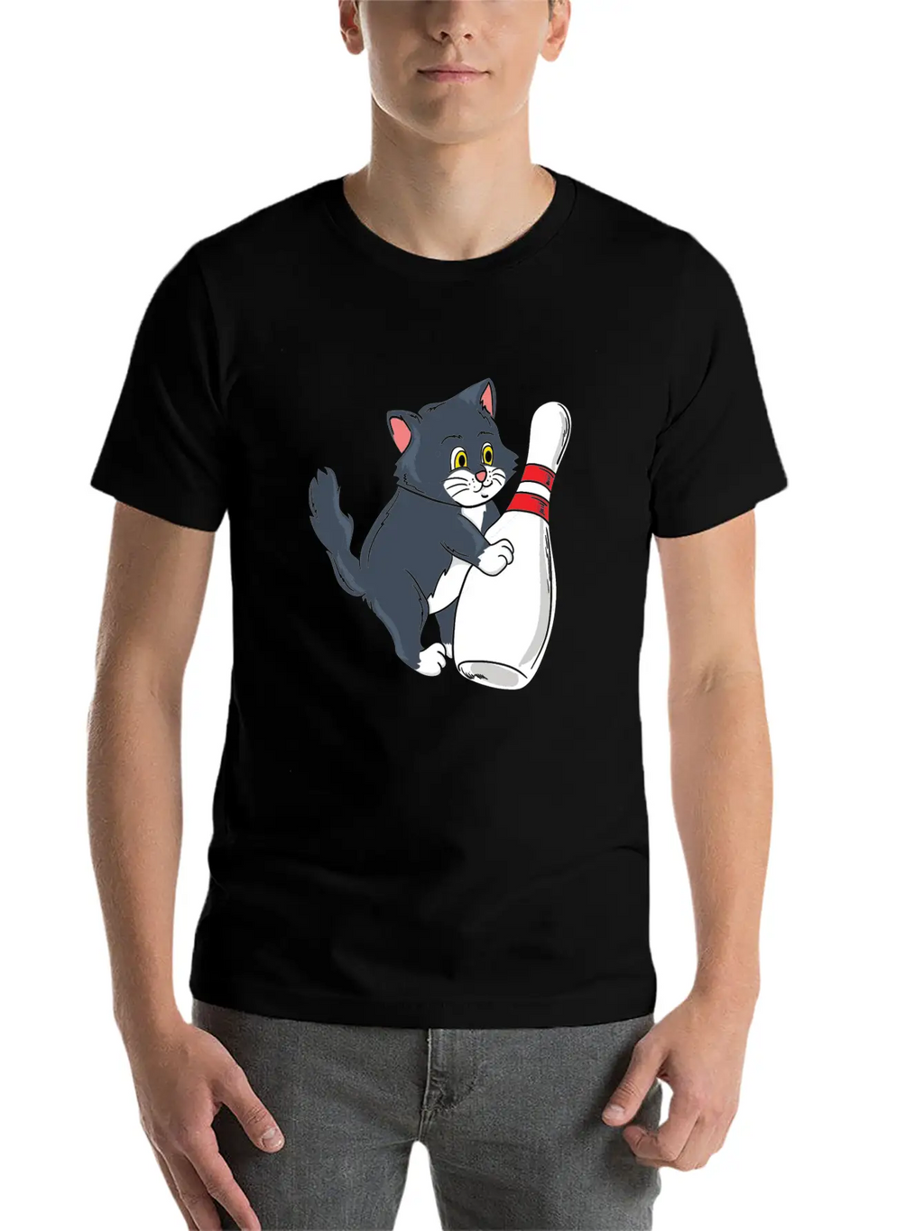 Cute Cat Tipping Bowling Pin Player Gift Idea Breathable Graphic T-Shirt – Perfect For Casual Days