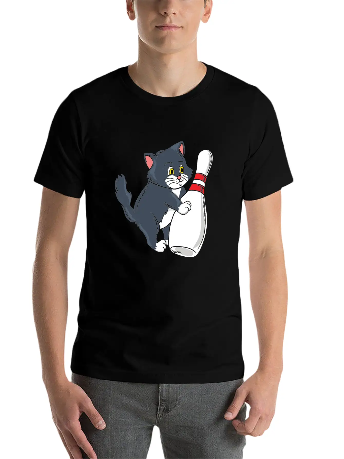 Cute Cat Tipping Bowling Pin Player Gift Idea Breathable Graphic T-Shirt – Perfect For Casual Days