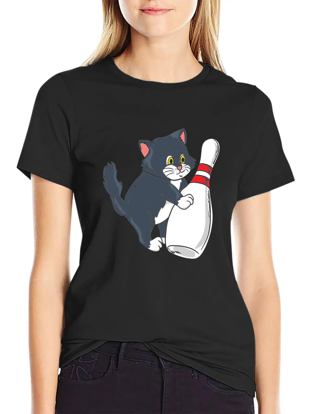Cute Cat Tipping Bowling Pin Player Gift Idea Breathable Graphic T-Shirt – Perfect For Casual Days