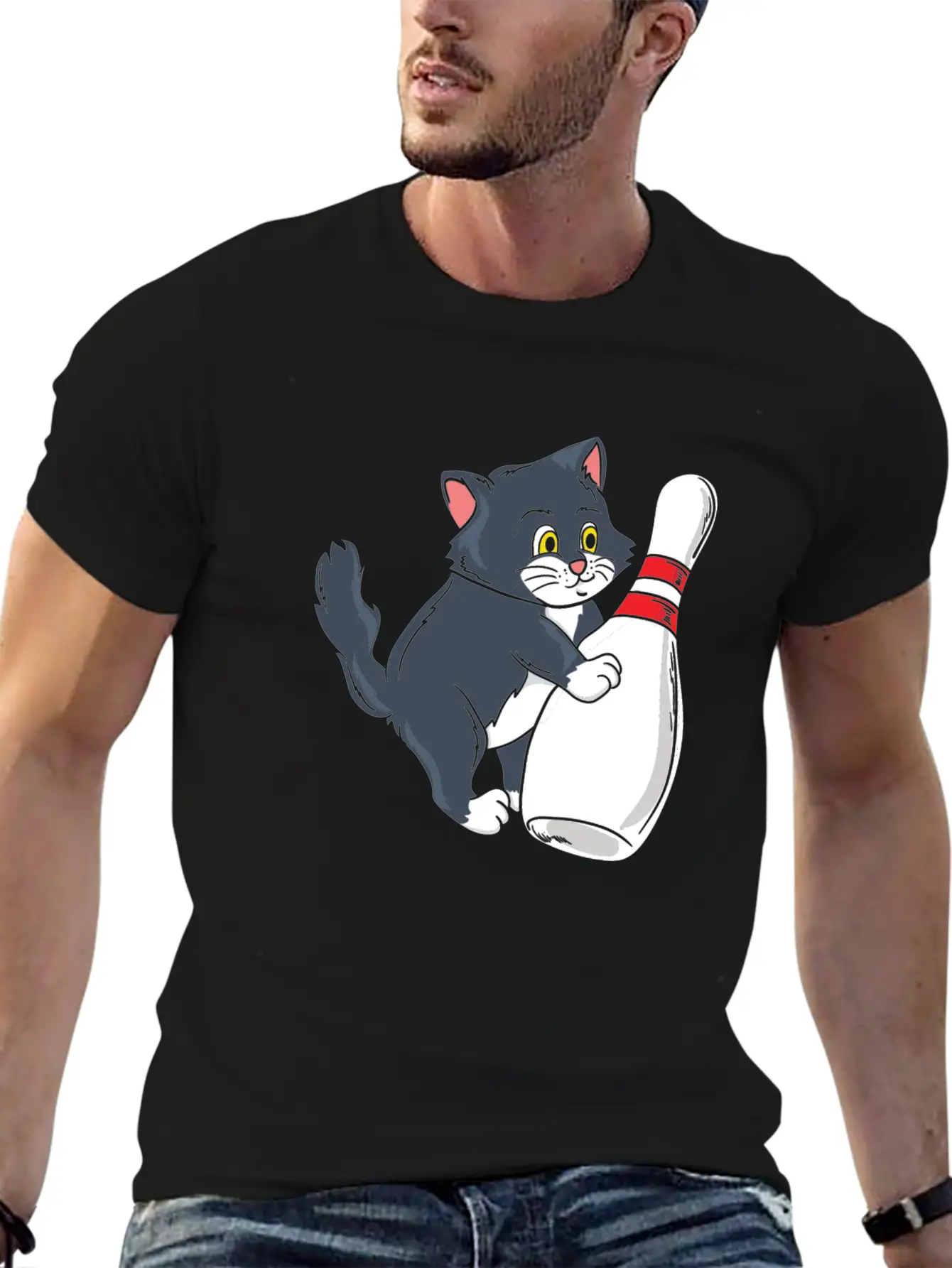 Cute Cat Tipping Bowling Pin Player Gift Idea Breathable Graphic T-Shirt – Perfect For Casual Days