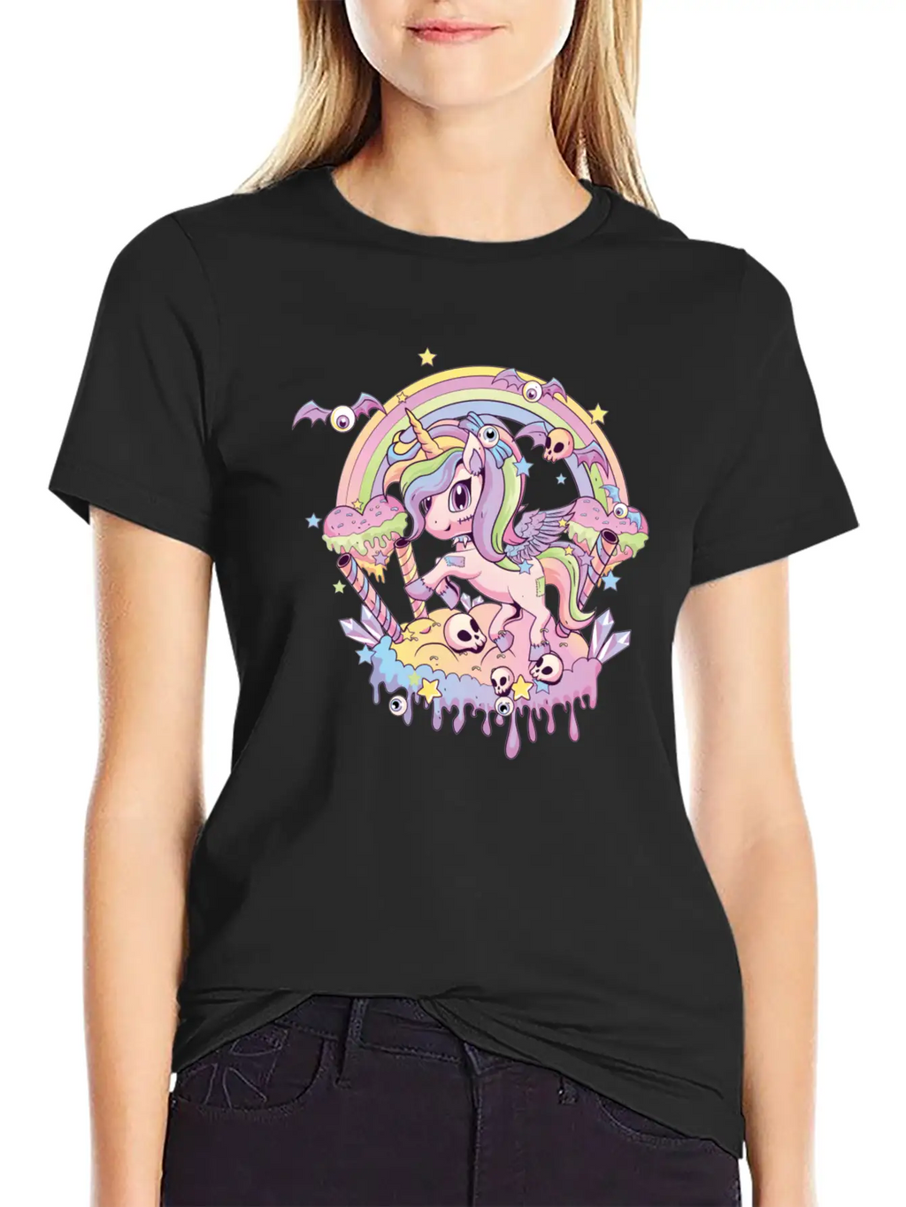Cute Creepy Unicorn Gothic Kawaii Menhera Wiccan Stylish Everyday T-Shirt – Unisex Basic Cotton Tee