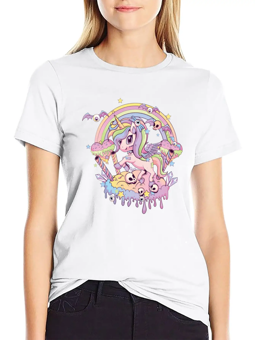Cute Creepy Unicorn Gothic Kawaii Menhera Wiccan Stylish Everyday T-Shirt – Unisex Basic Cotton Tee