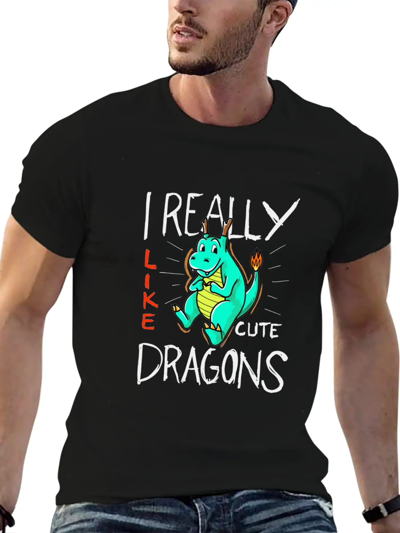 Cute Dragon With Flame Stylish Everyday T-Shirt – Unisex Basic Cotton Tee