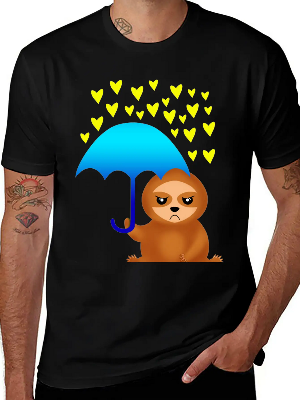 Cute Grumpy Sloth With Umbrella In The Hearts Rain Stylish Everyday T-Shirt – Unisex Basic Cotton Tee