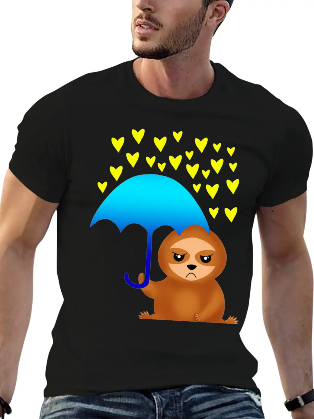 Cute Grumpy Sloth With Umbrella In The Hearts Rain Stylish Everyday T-Shirt – Unisex Basic Cotton Tee