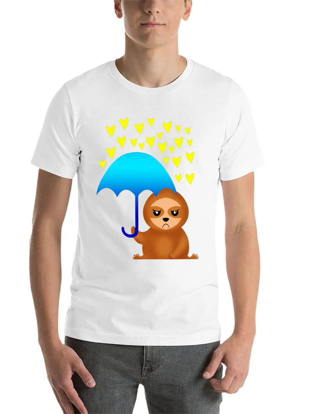 Cute Grumpy Sloth With Umbrella In The Hearts Rain Stylish Everyday T-Shirt – Unisex Basic Cotton Tee