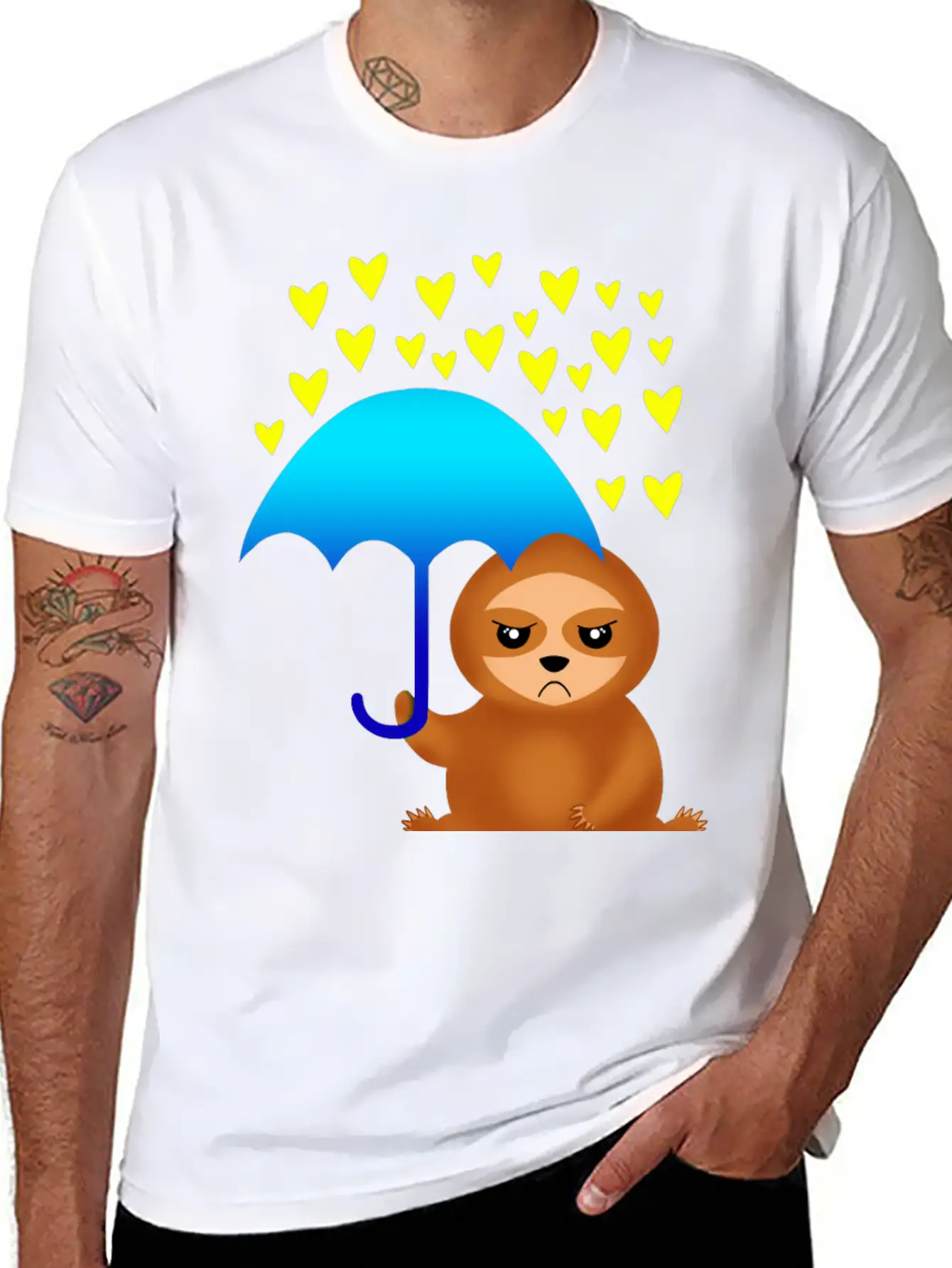 Cute Grumpy Sloth With Umbrella In The Hearts Rain Stylish Everyday T-Shirt – Unisex Basic Cotton Tee