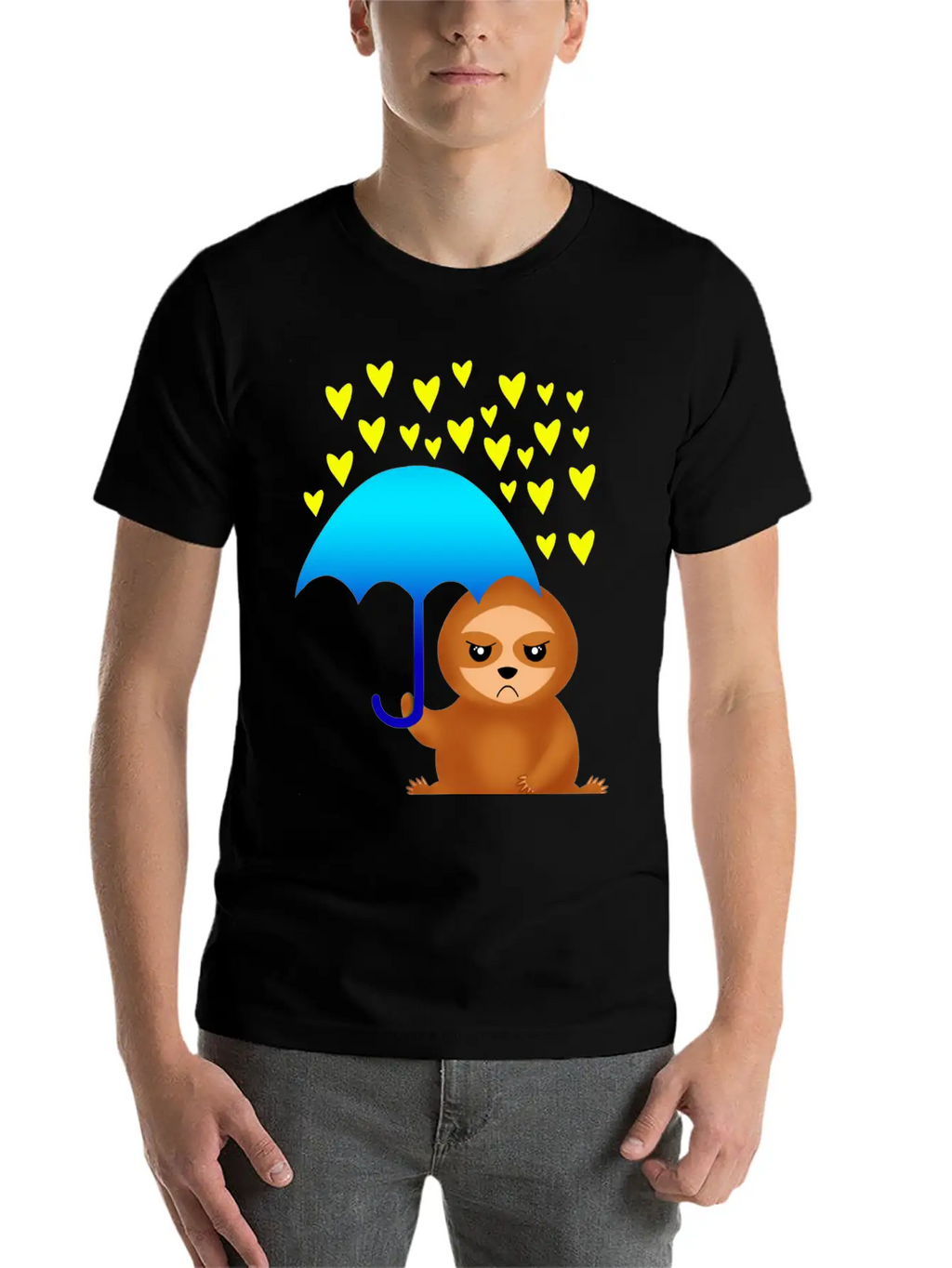 Cute Grumpy Sloth With Umbrella In The Hearts Rain Stylish Everyday T-Shirt – Unisex Basic Cotton Tee