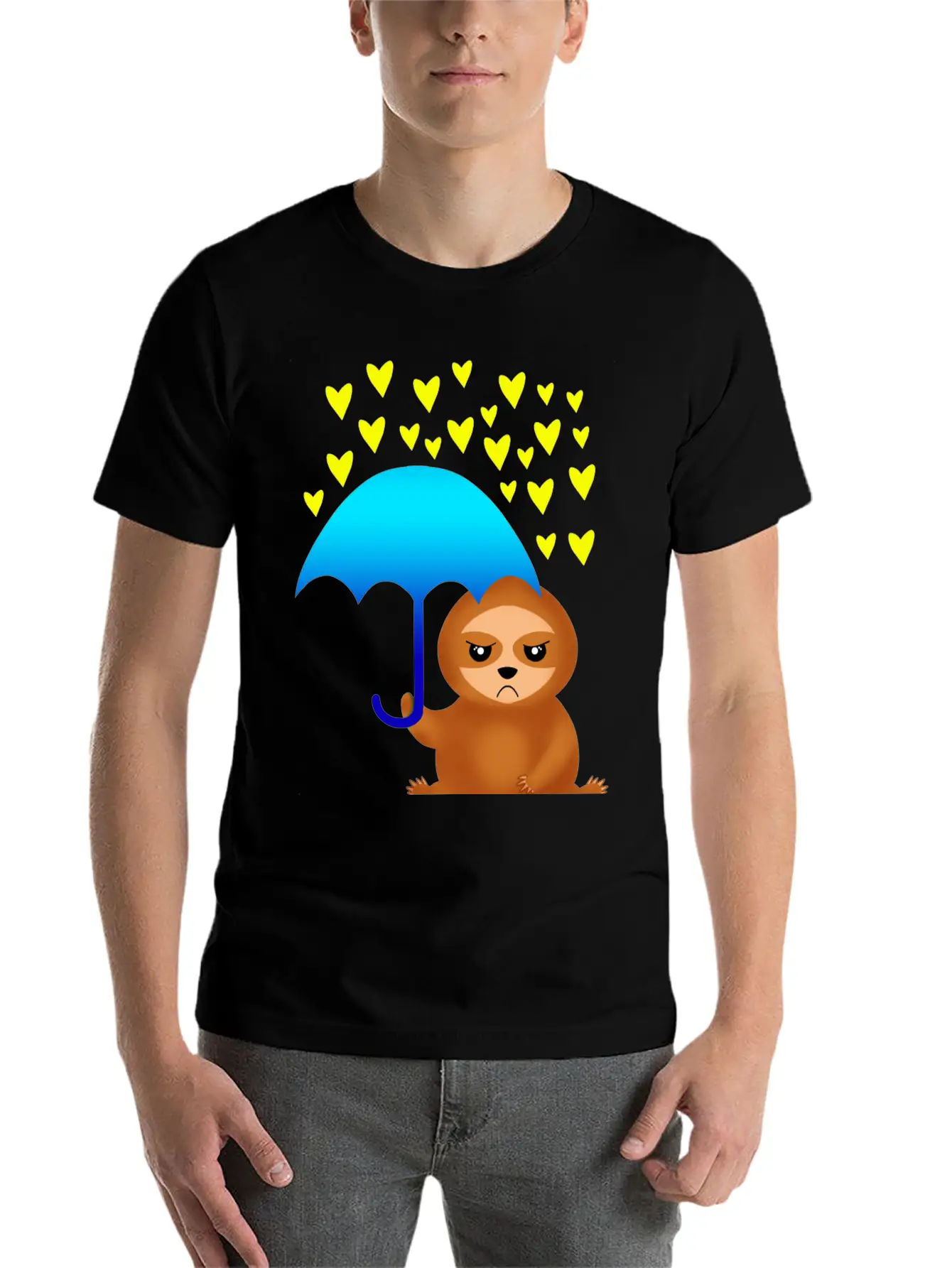 Cute Grumpy Sloth With Umbrella In The Hearts Rain Stylish Everyday T-Shirt – Unisex Basic Cotton Tee