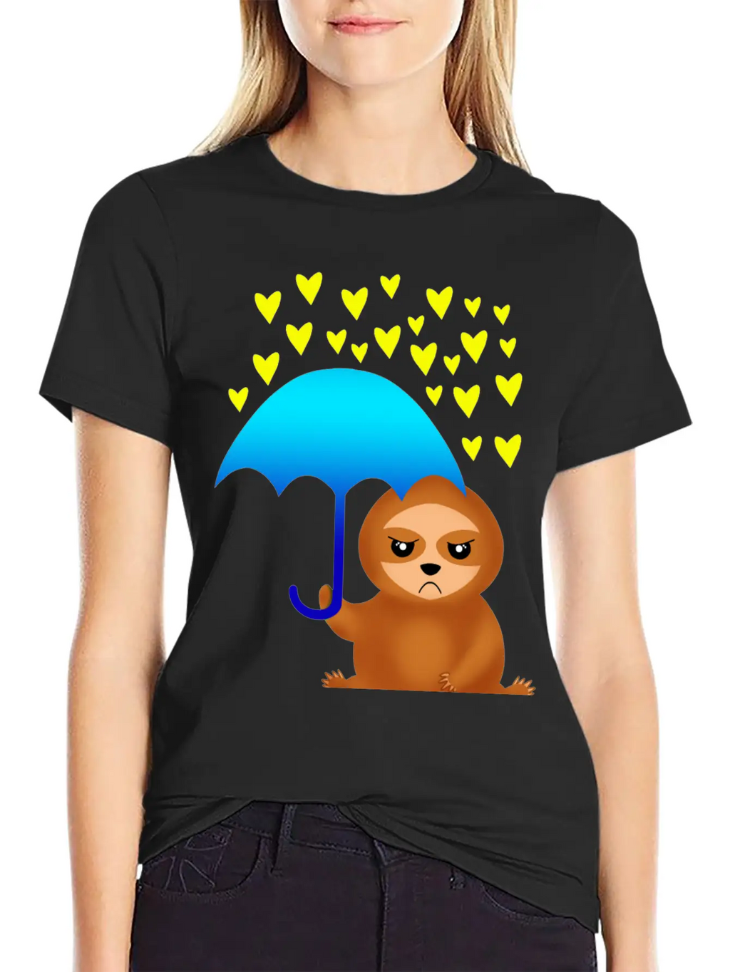 Cute Grumpy Sloth With Umbrella In The Hearts Rain Stylish Everyday T-Shirt – Unisex Basic Cotton Tee