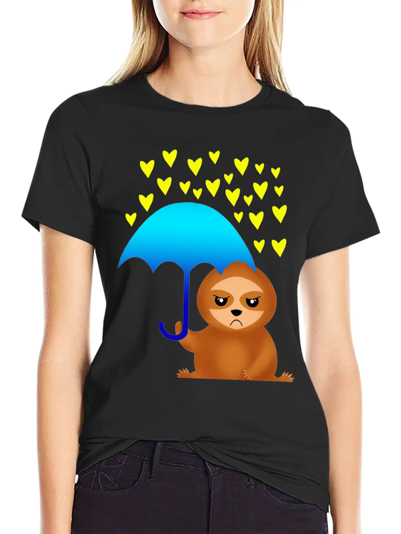 Cute Grumpy Sloth With Umbrella In The Hearts Rain Stylish Everyday T-Shirt – Unisex Basic Cotton Tee