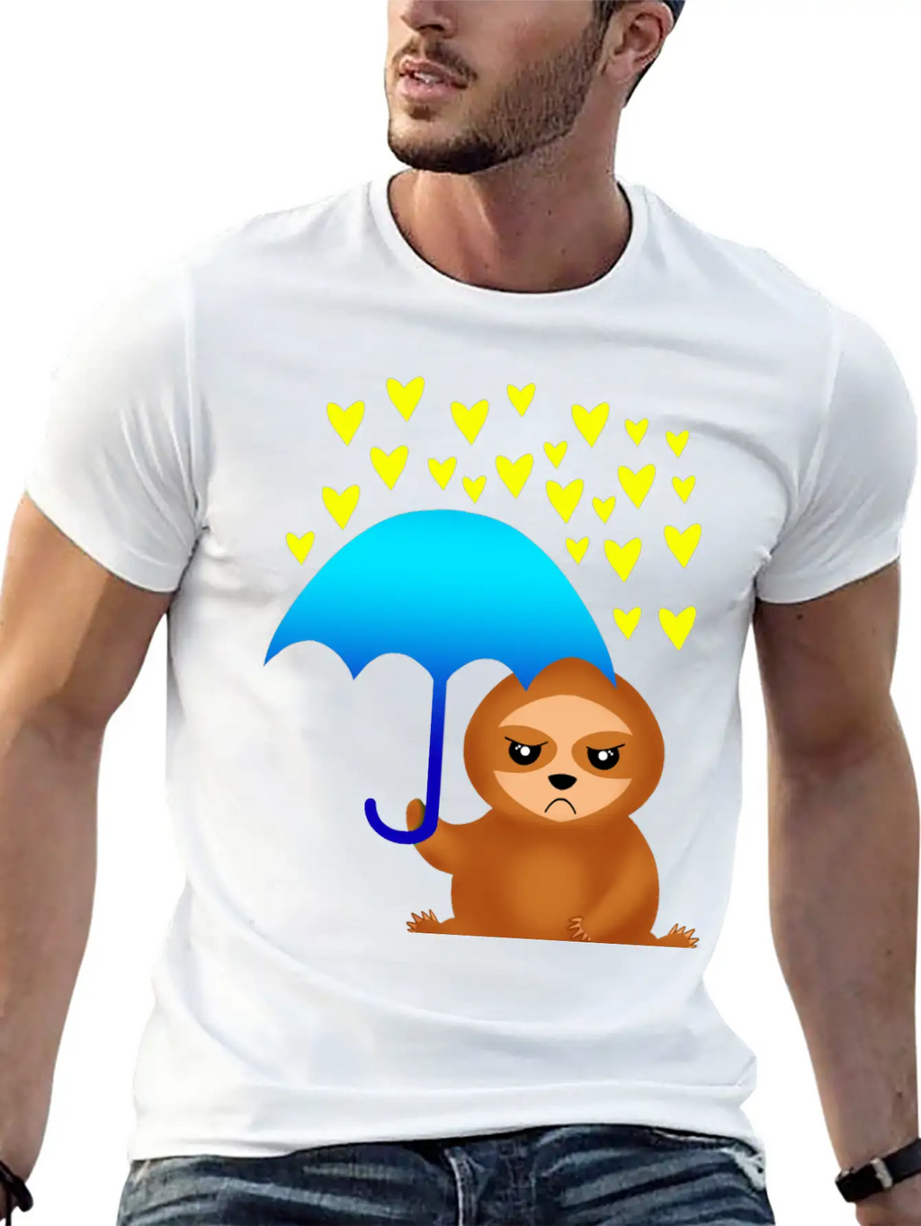 Cute Grumpy Sloth With Umbrella In The Hearts Rain Stylish Everyday T-Shirt – Unisex Basic Cotton Tee