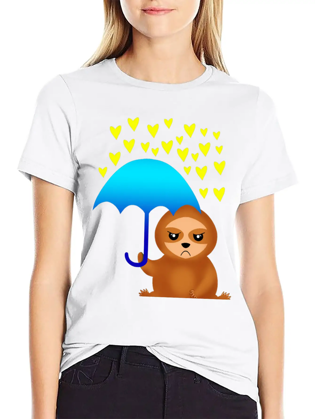Cute Grumpy Sloth With Umbrella In The Hearts Rain Stylish Everyday T-Shirt – Unisex Basic Cotton Tee