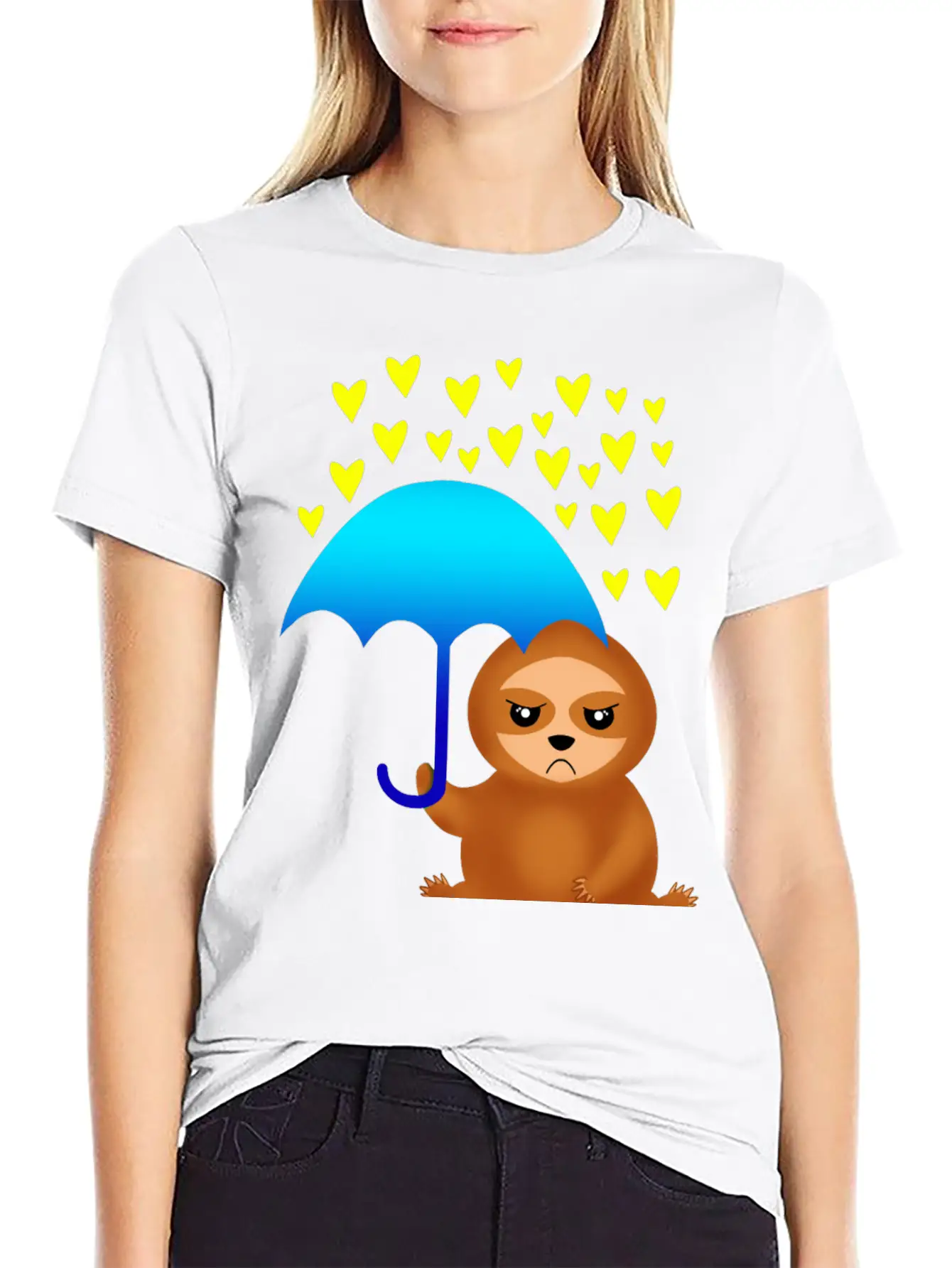 Cute Grumpy Sloth With Umbrella In The Hearts Rain Stylish Everyday T-Shirt – Unisex Basic Cotton Tee