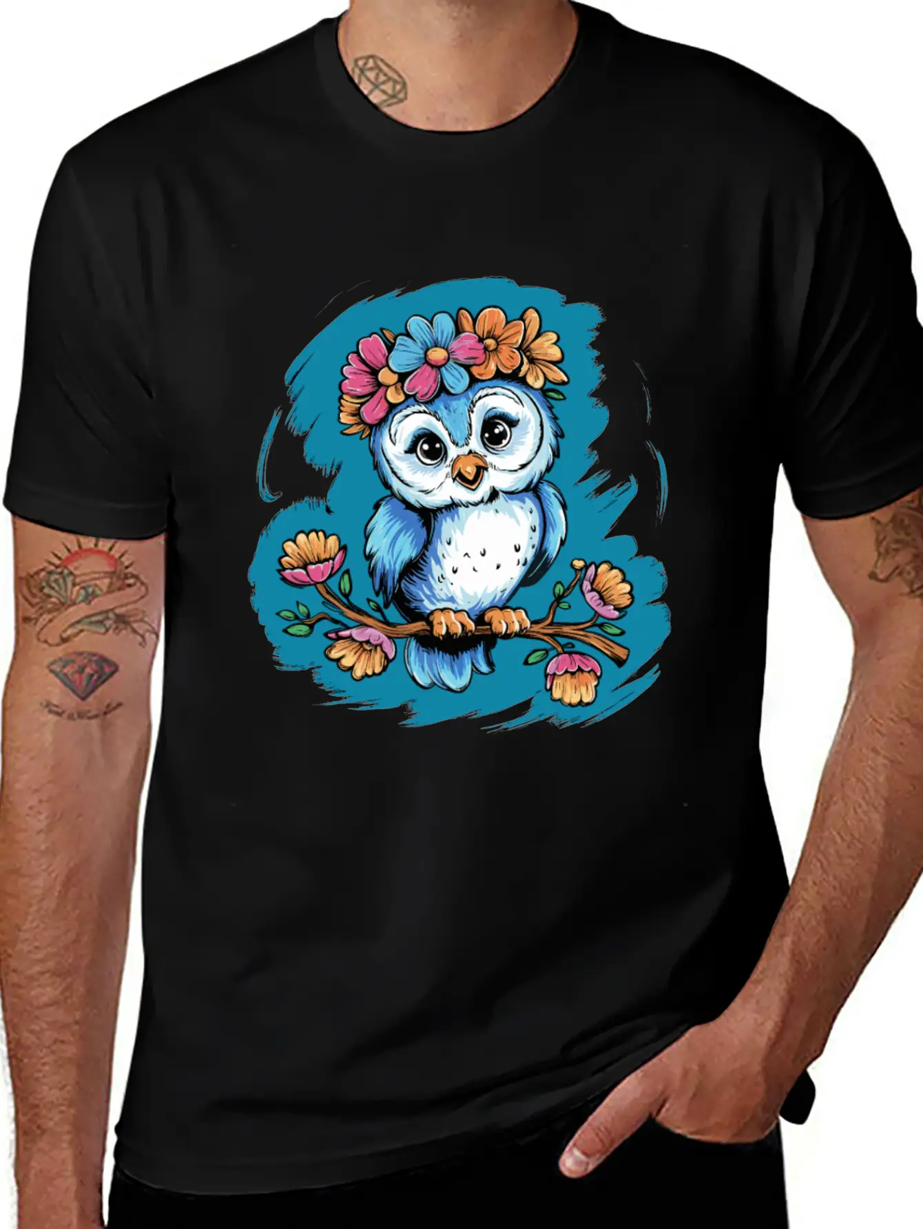 Cute Owl Bird Feathers Flowers For A Owls Fan Basic Graphic T-Shirt – Daily Comfort In Soft Cotton