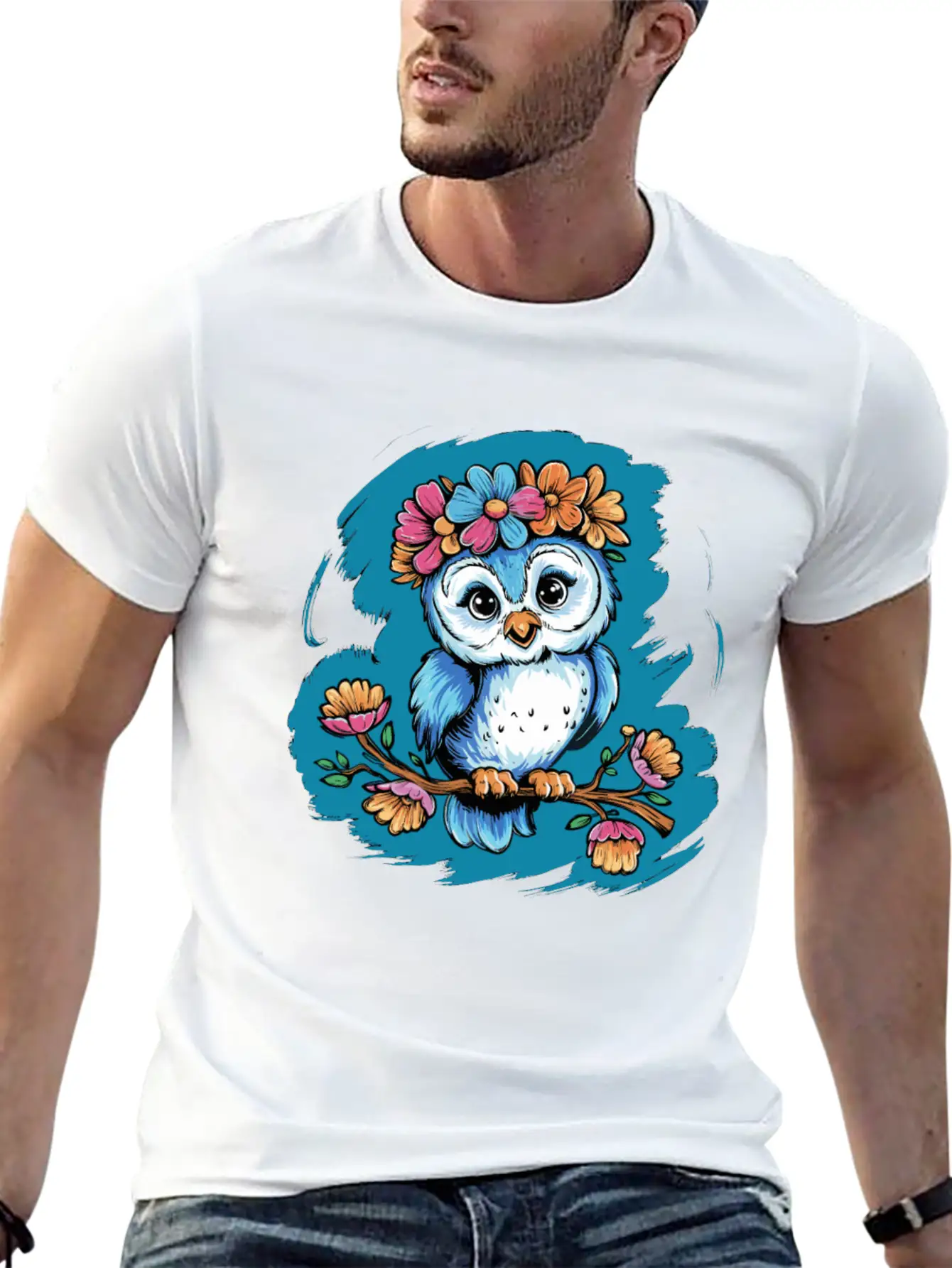 Cute Owl Bird Feathers Flowers For A Owls Fan Basic Graphic T-Shirt – Daily Comfort In Soft Cotton