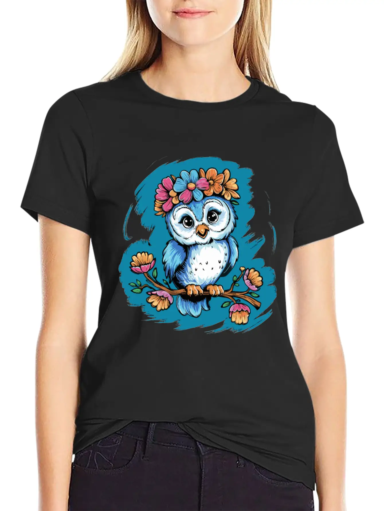 Cute Owl Bird Feathers Flowers For A Owls Fan Basic Graphic T-Shirt – Daily Comfort In Soft Cotton