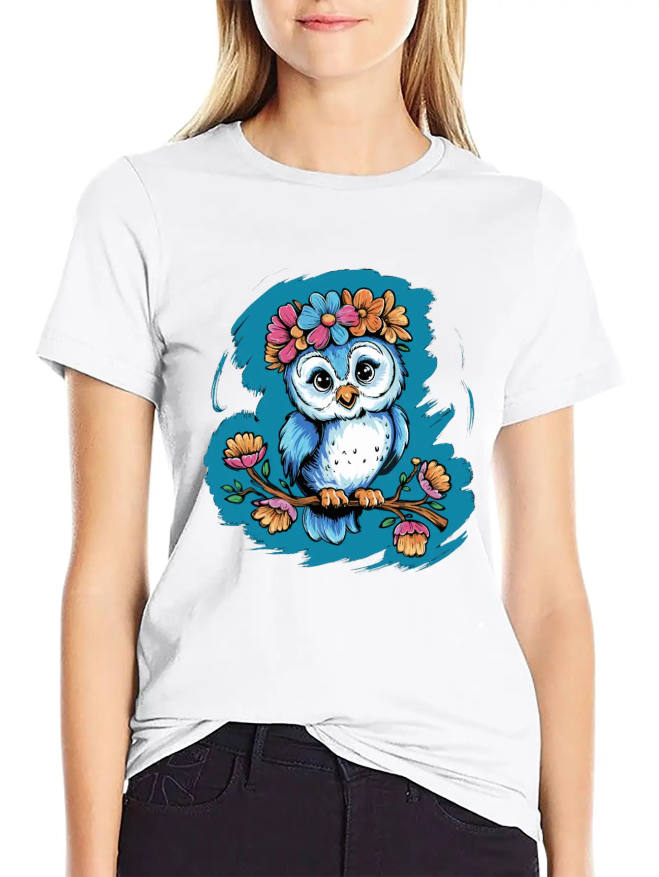 Cute Owl Bird Feathers Flowers For A Owls Fan Basic Graphic T-Shirt – Daily Comfort In Soft Cotton