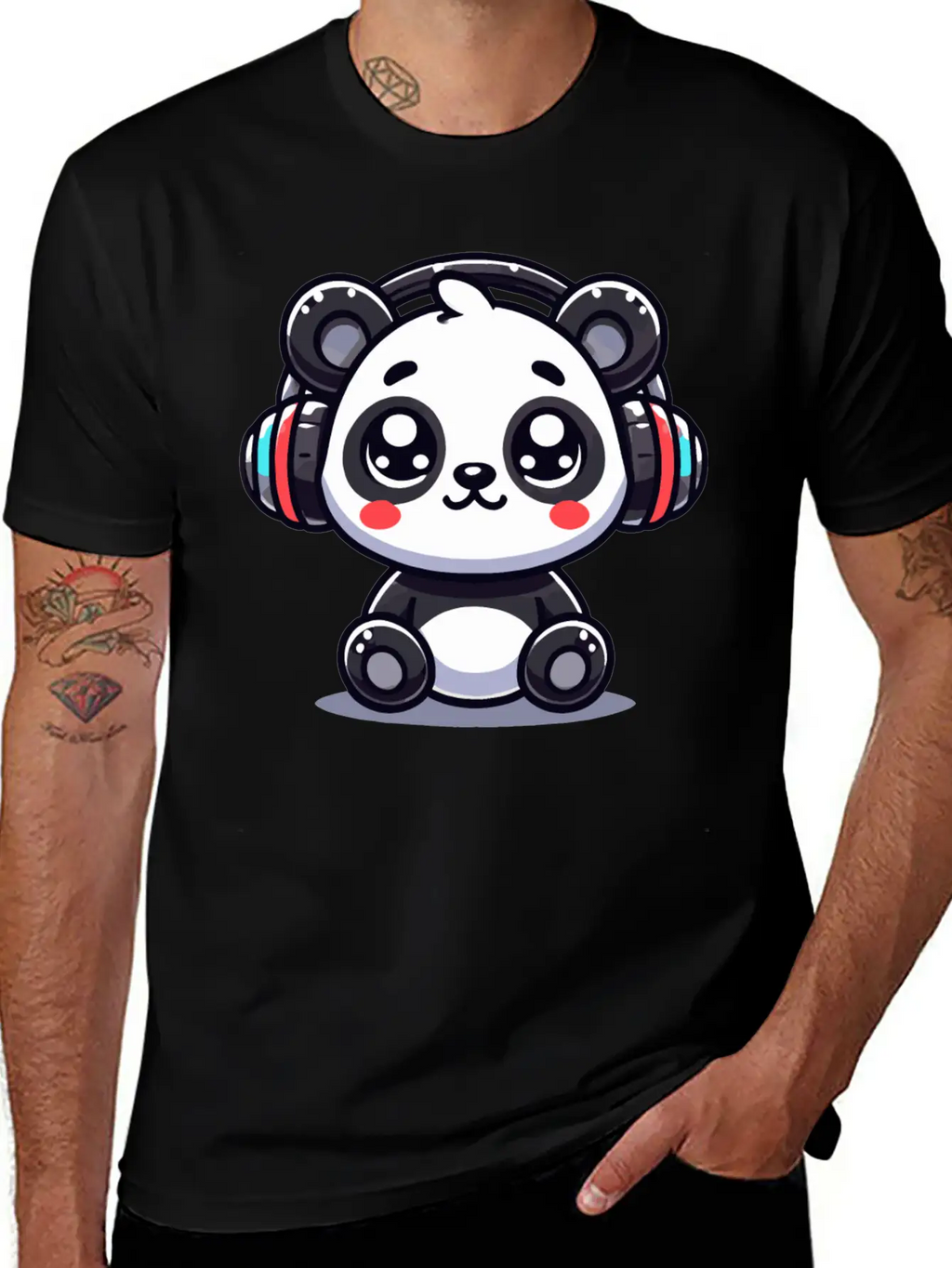 Cute Panda Headphone Motif Breathable Graphic T-Shirt – Perfect For Casual Days