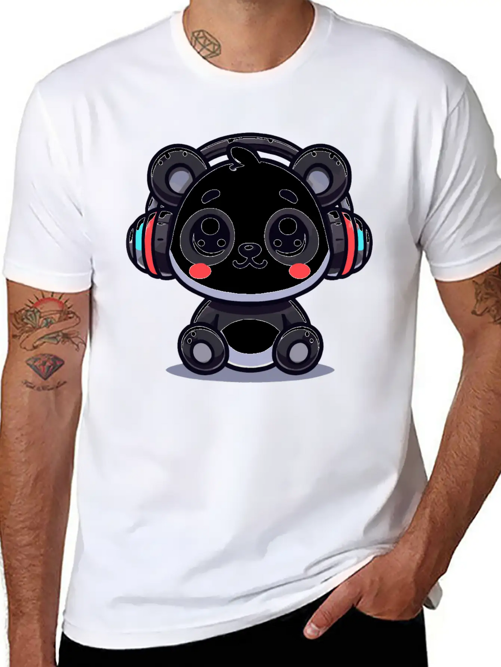 Cute Panda Headphone Motif Breathable Graphic T-Shirt – Perfect For Casual Days