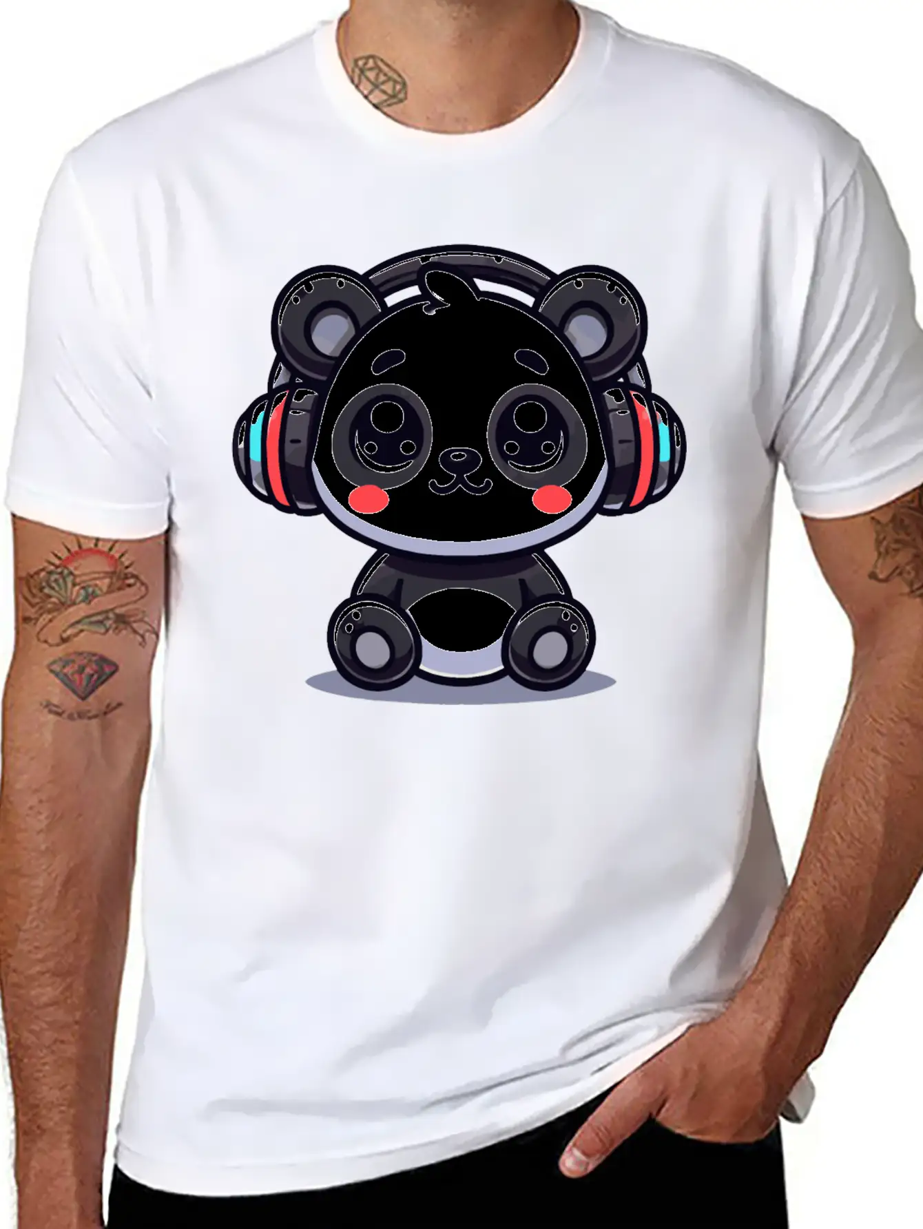 Cute Panda Headphone Motif Breathable Graphic T-Shirt – Perfect For Casual Days